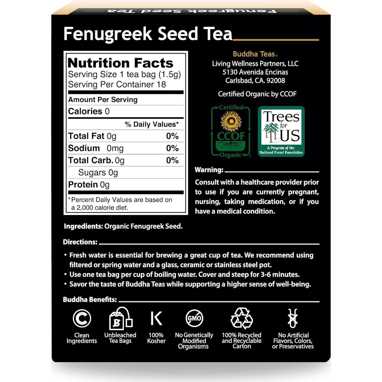 Té de Semilla de Fenogreco Buddha Teas - 18 Bolsitas Sin Cafeína