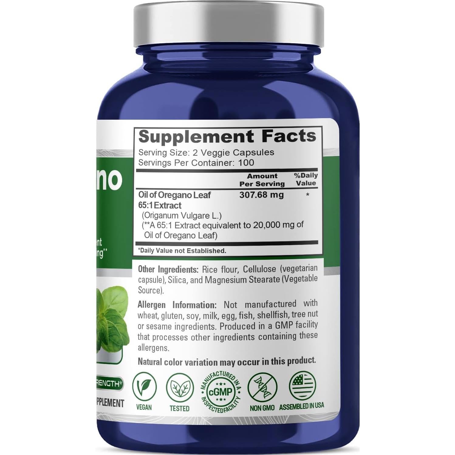 Extracto de Aceite de Orégano NusaPure 20000mg - 200 Cápsulas Veganas