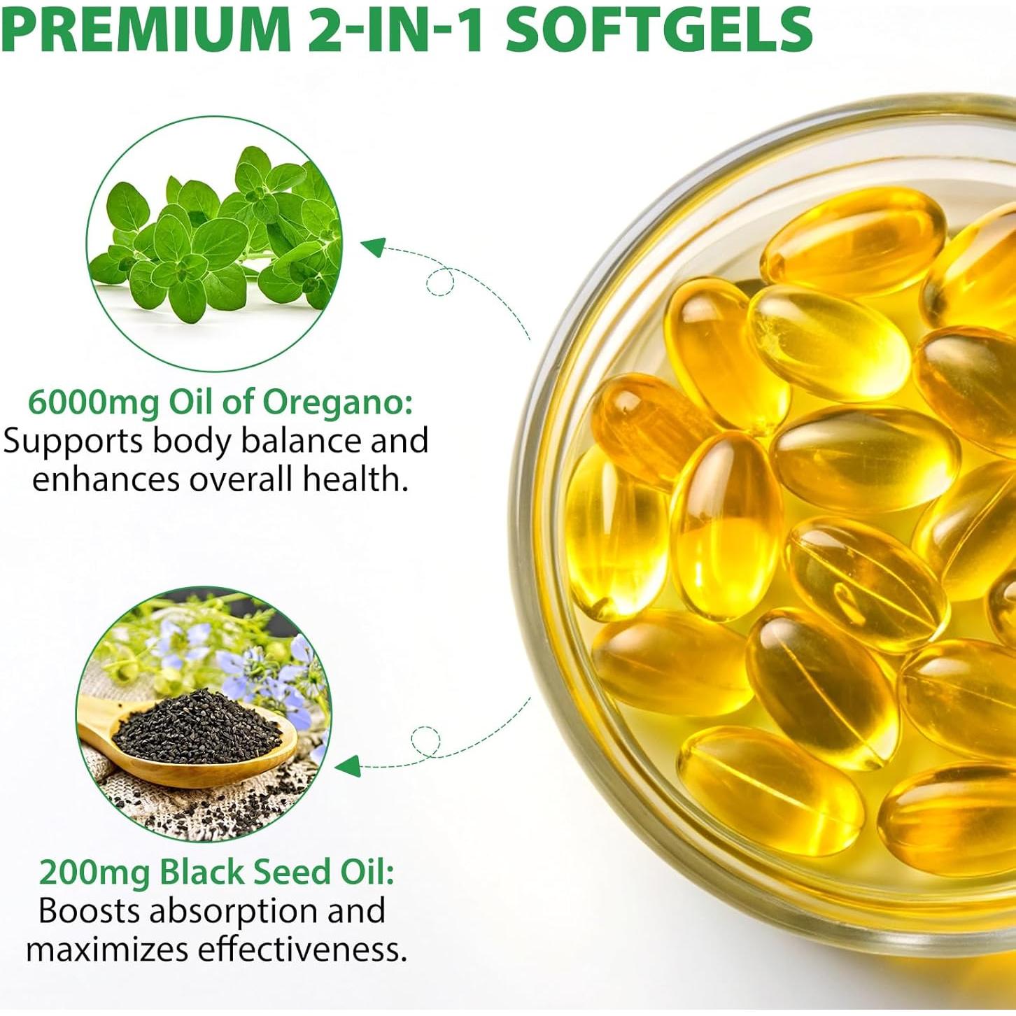 Aceite de Orégano Orgánico 6000mg con Semilla Negra 120 Gelatinas