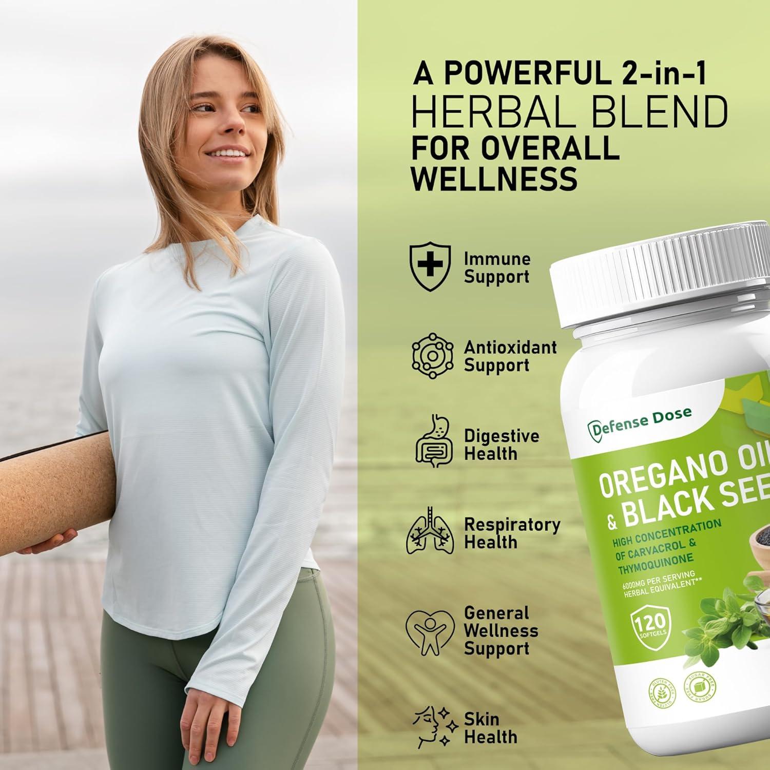 Suplemento de Aceite de Orégano y Semilla Negra Defense Dose - 120 Cápsulas Blandas Antioxidantes