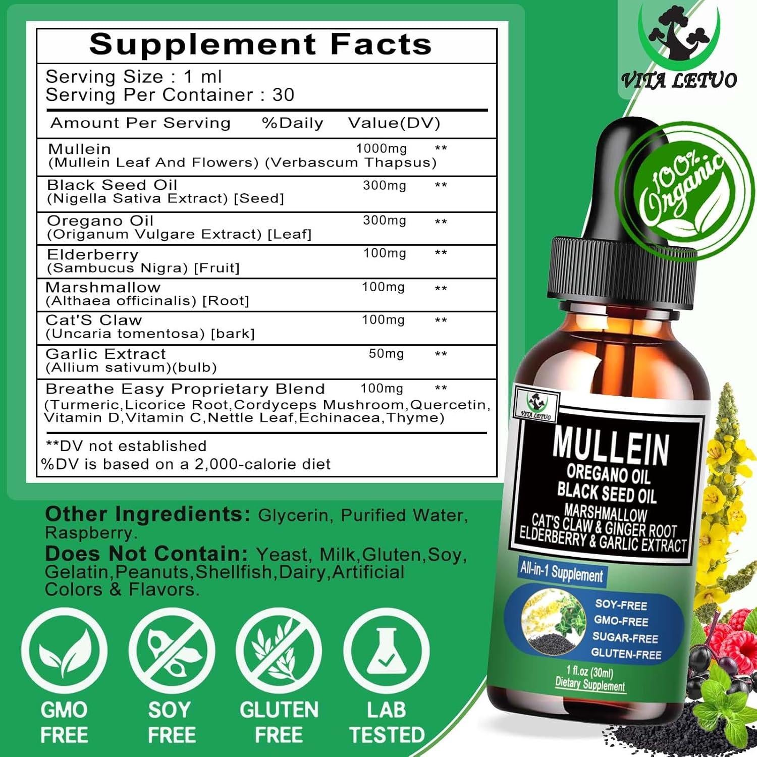 Gotas Orgánicas de Mullein Vita Letuo 30ml - Salud Respiratoria