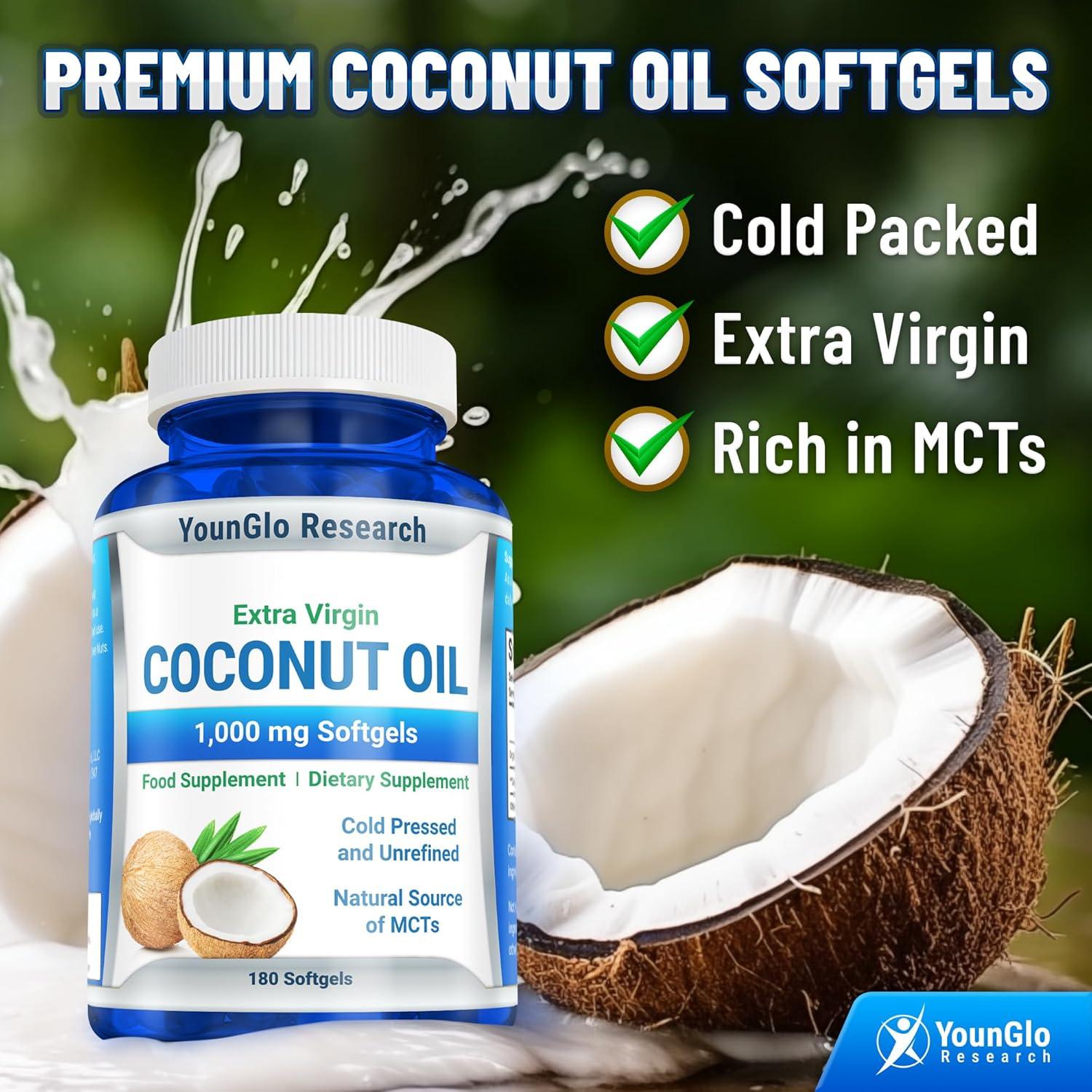 Aceite de Coco Orgánico Extra Virgen 1000 mg 180 Cápsulas Veganas