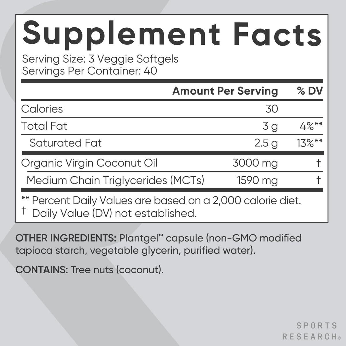 Cápsulas de Aceite de Coco Orgánico Extra Virgen Sports Research - 120 Geles Veganos
