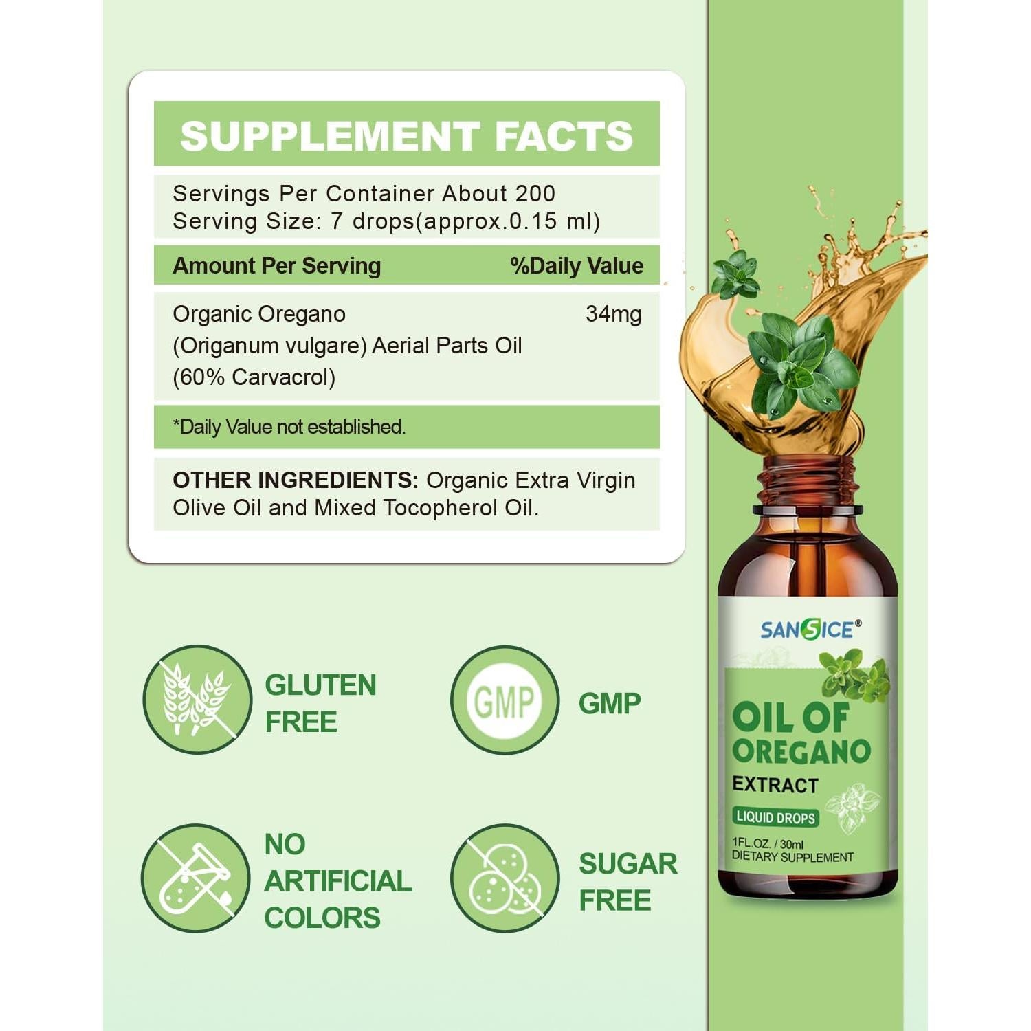 Gotas de Aceite de Orégano Orgánico SANSICE 29.57 ml 60% Carvacrol
