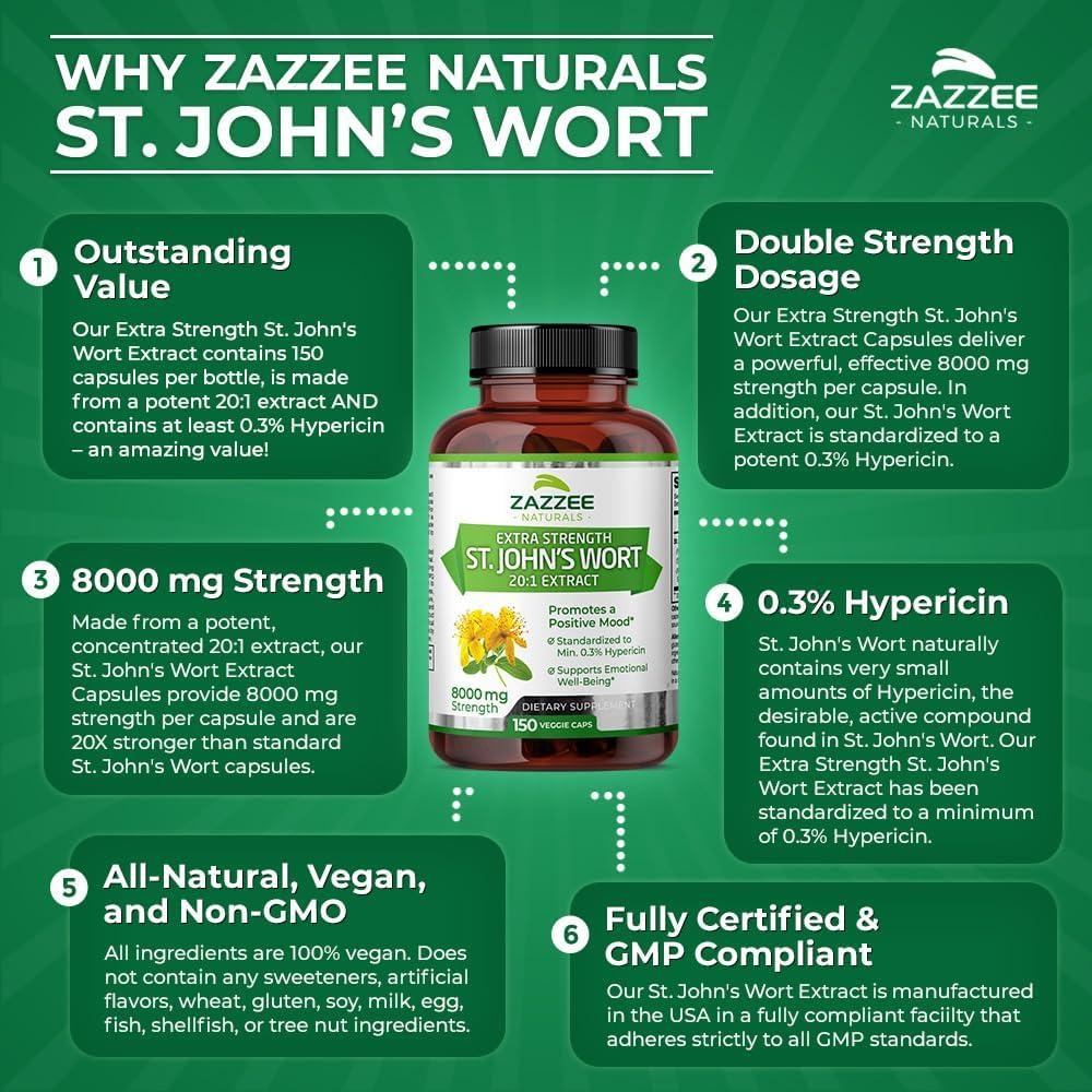Extracto de Hierba de San Juan Zazzee 8000 mg 150 Cápsulas Veganas