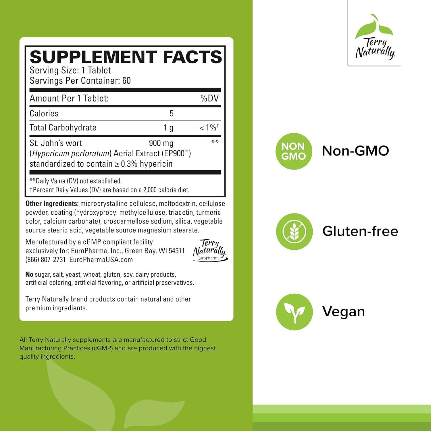 Tabletas de Hierba de San Juan Terry Naturally 60 Unidades - Veganas, Sin Gluten
