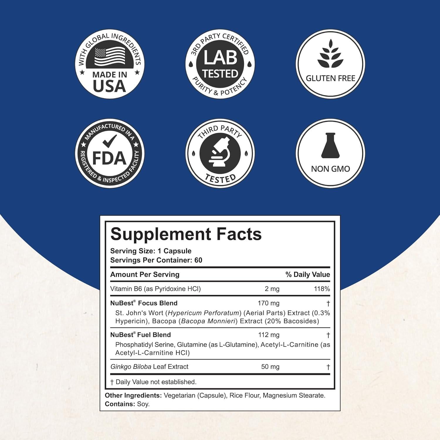 Suplemento NuBrain de NuBest - 60 Cápsulas Veganas para Memoria y Enfoque
