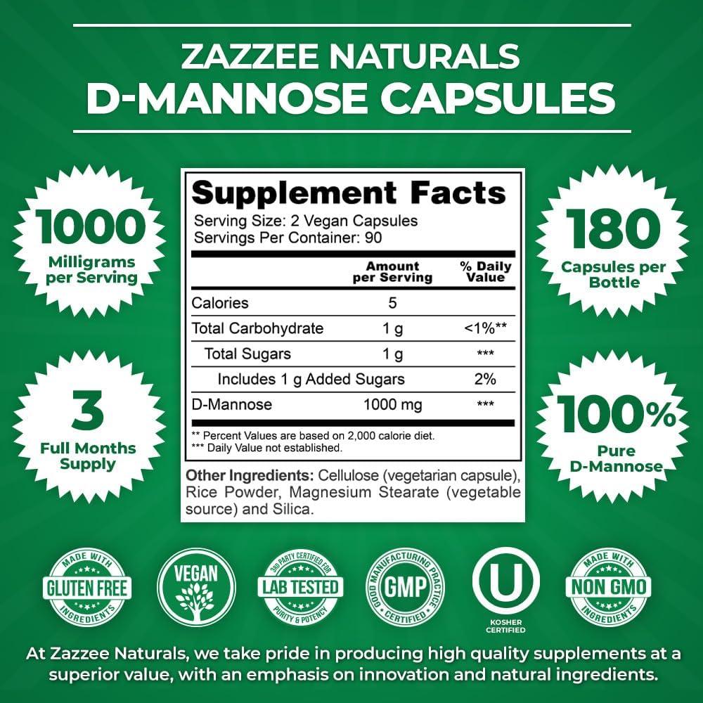 Zazzee D-Mannose 1000 mg 180 Cápsulas Veganas UTI