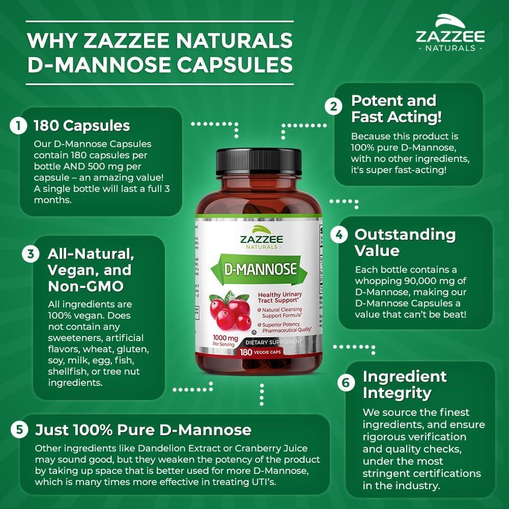 Zazzee D-Mannose 1000 mg 180 Cápsulas Veganas UTI