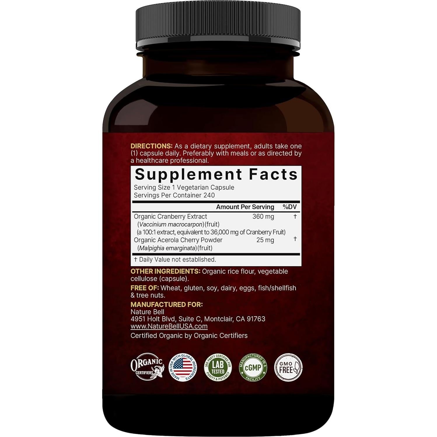 NatureBell Suplemento de Arándano 36,000mg con Acerola 480 Cápsulas