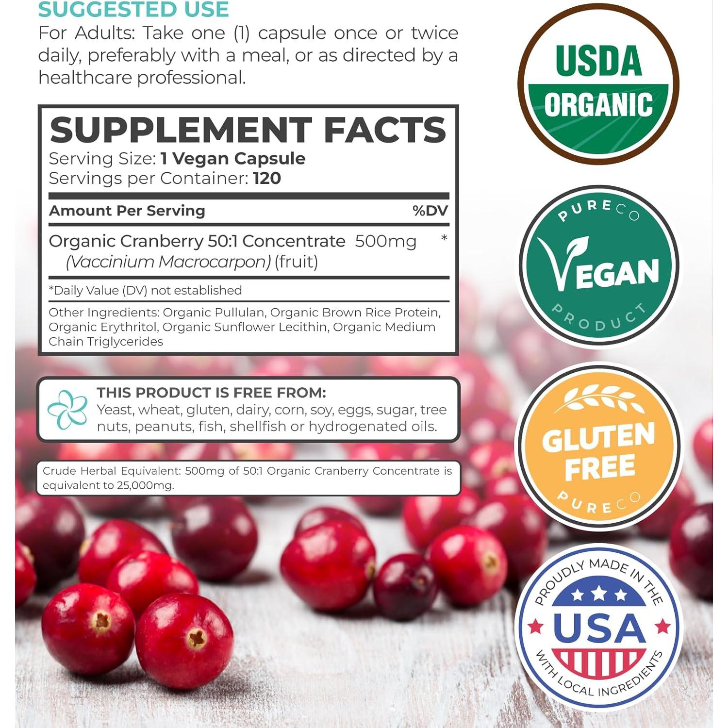 Cápsulas de Arándano Orgánico Pure Co - 120 Unidades Veganas