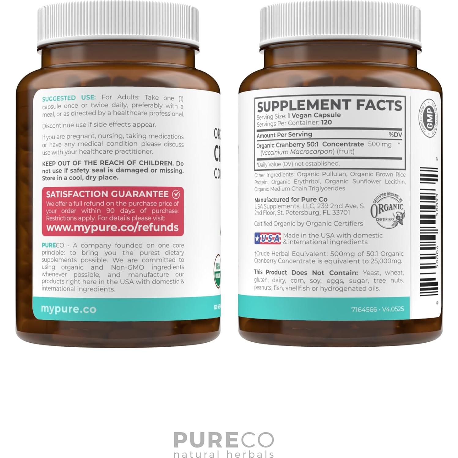 Cápsulas de Arándano Orgánico Pure Co - 120 Unidades Veganas