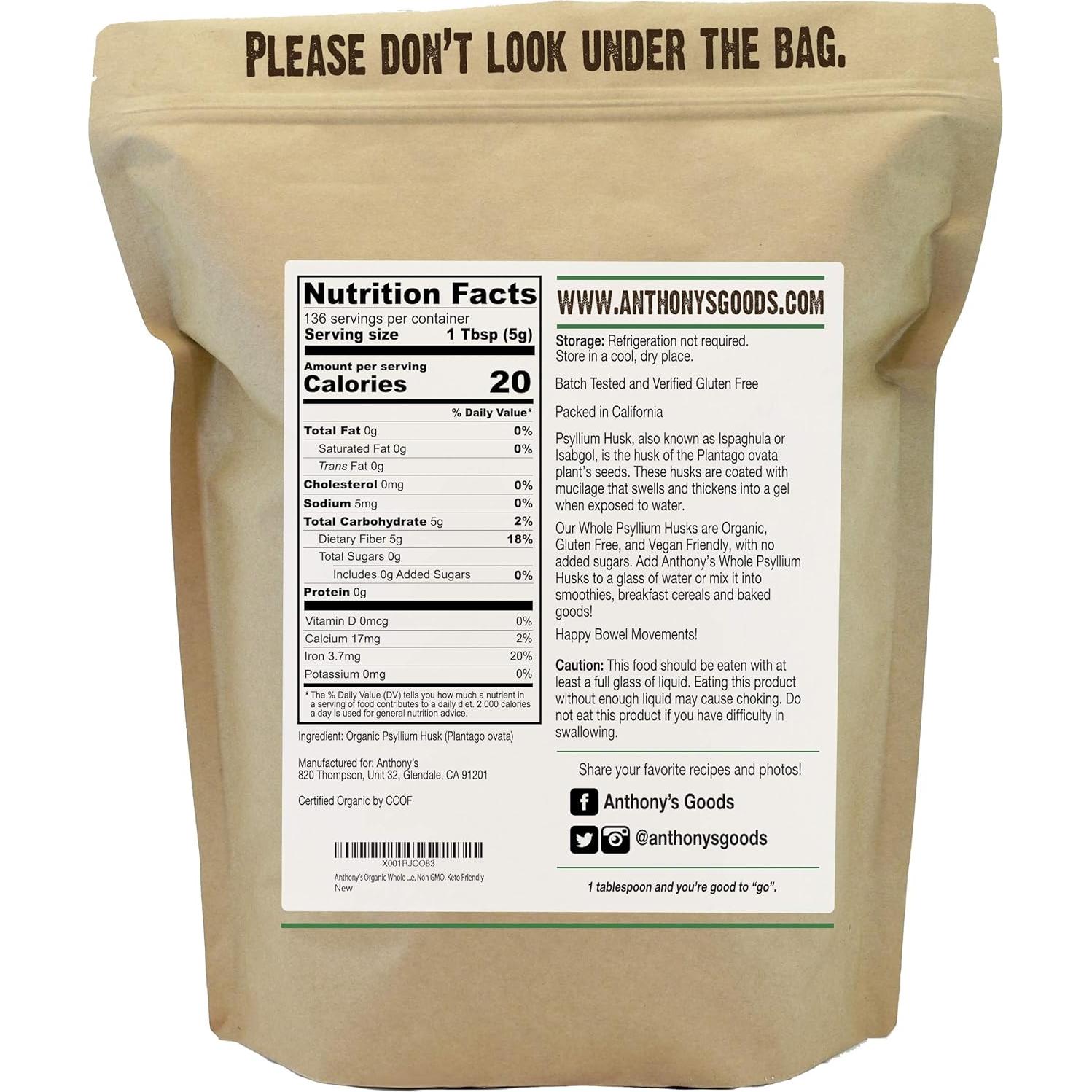 Cáscaras de Psyllium Orgánicas Anthony's 680g Sin Gluten Keto