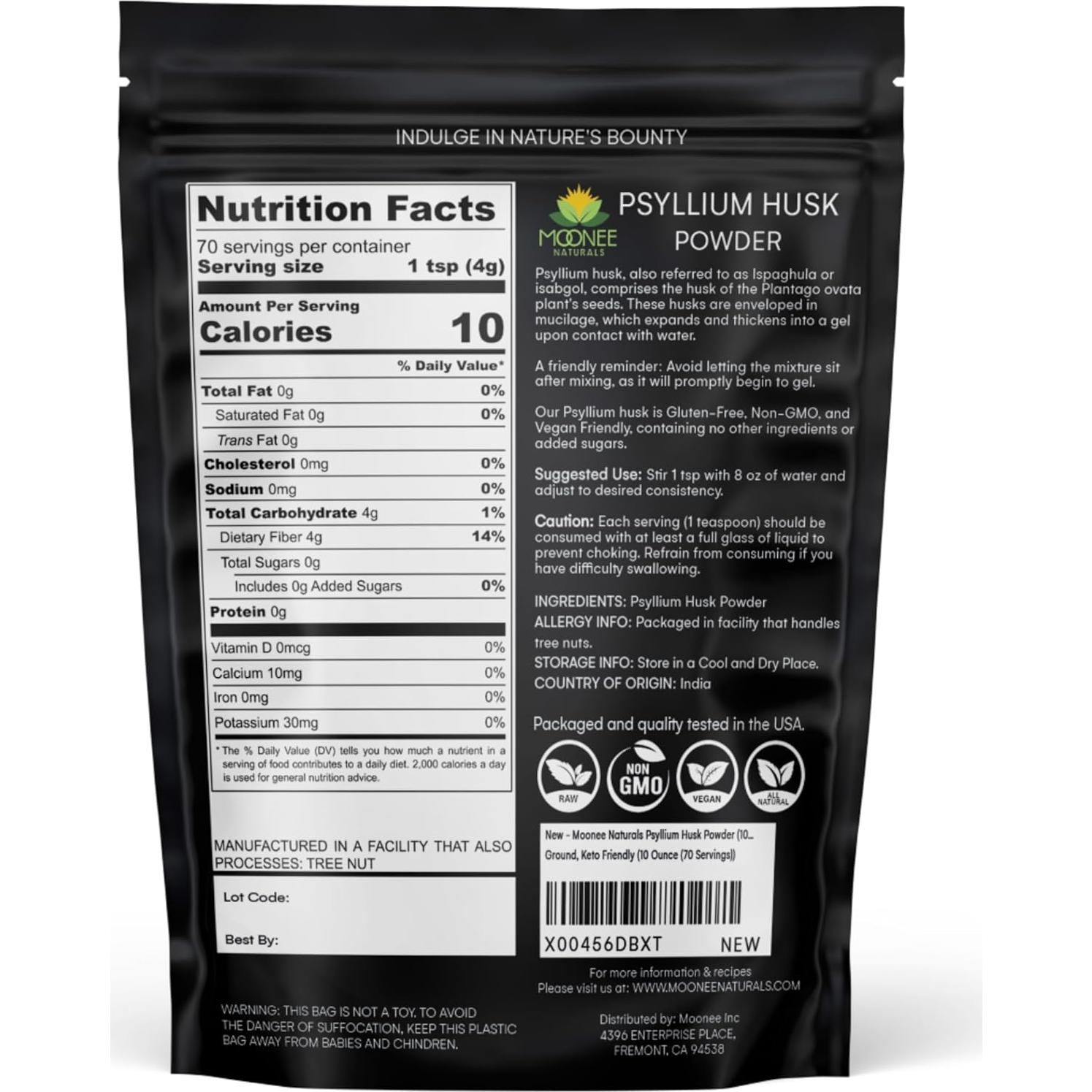Polvo de cáscara de psyllium Moonee 283g sin gluten keto