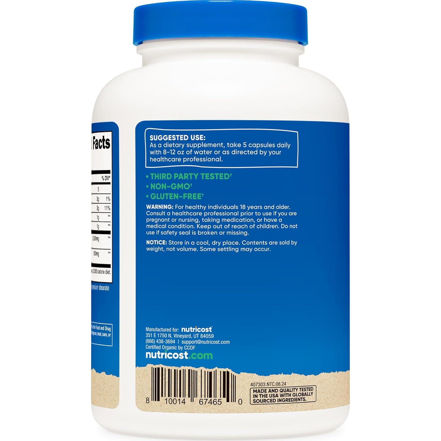 Cápsulas de Fibra Nutricost 300 Unidades - Psyllium Orgánico