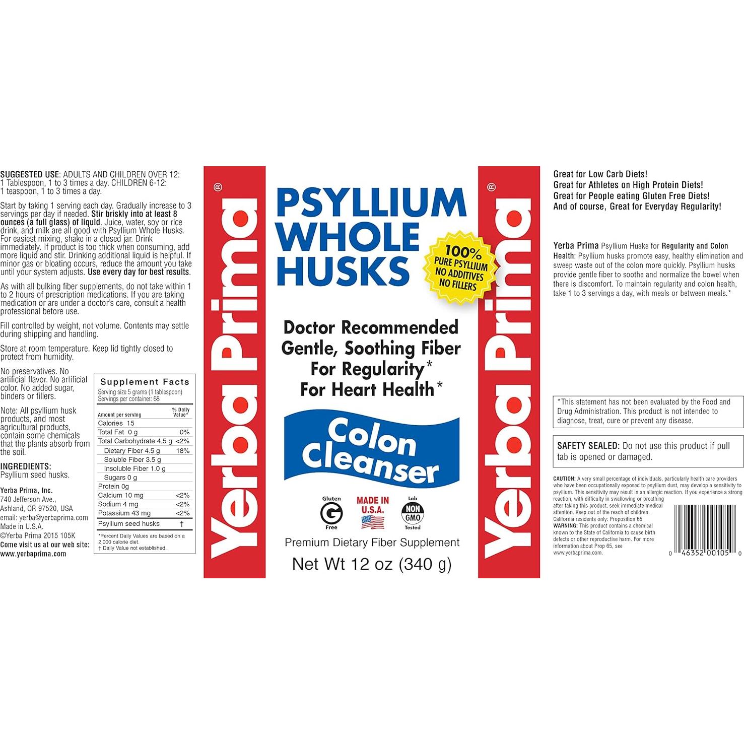 Yerba Prima Psyllium Husk 340g - Suplemento de fibra vegano