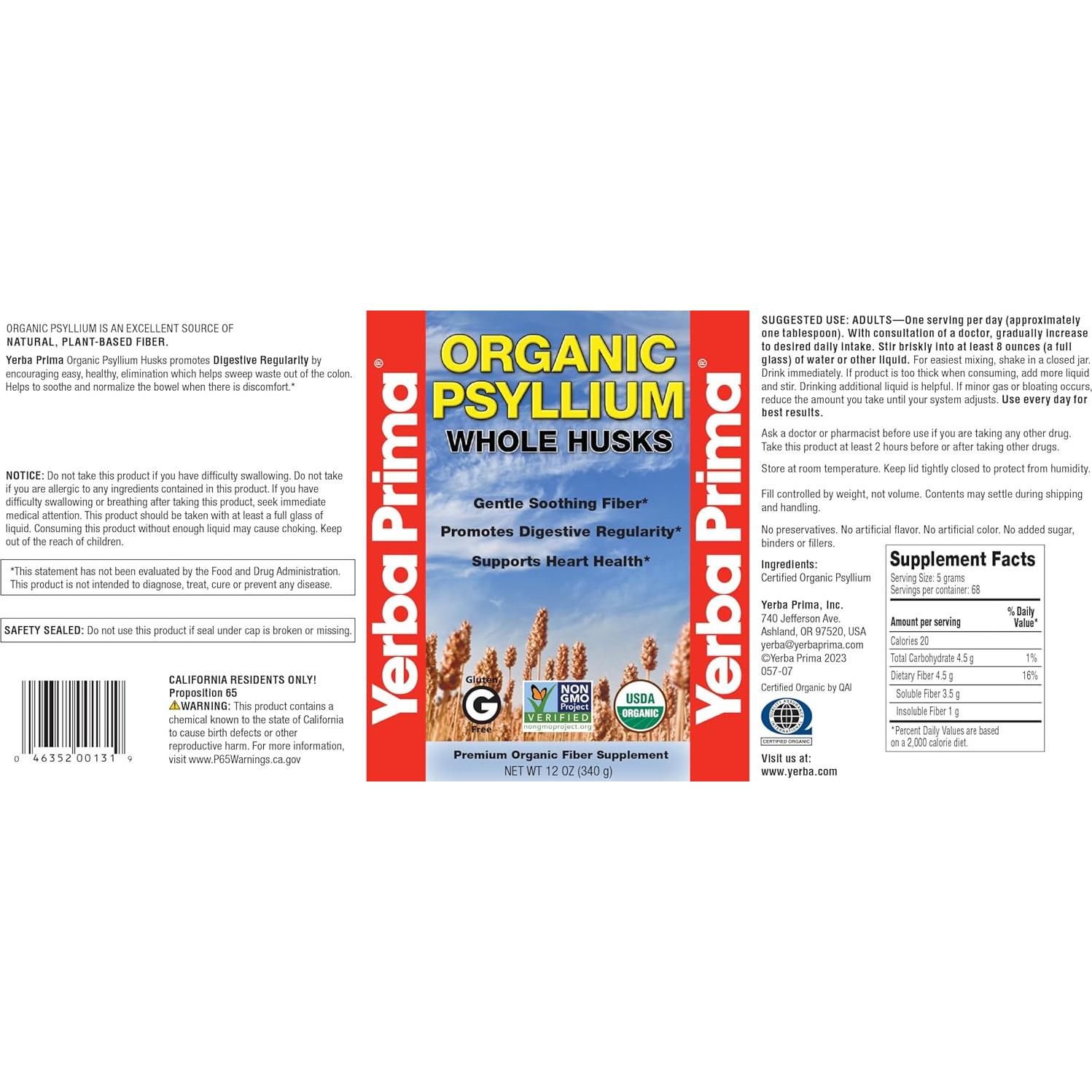 Yerba Prima Psyllium Orgánico 340g - Suplemento de Fibra Natural