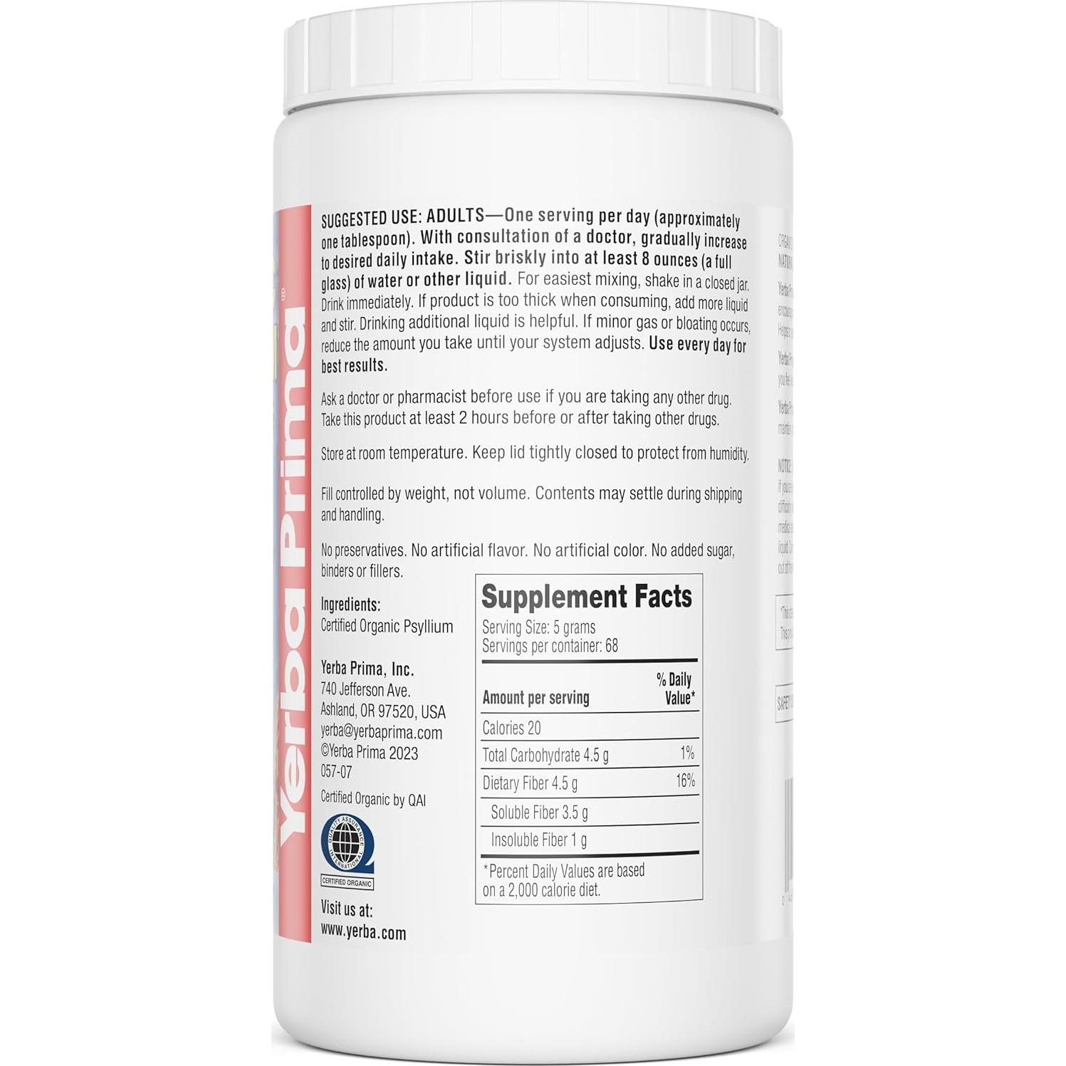 Yerba Prima Psyllium Orgánico 340g - Suplemento de Fibra Natural