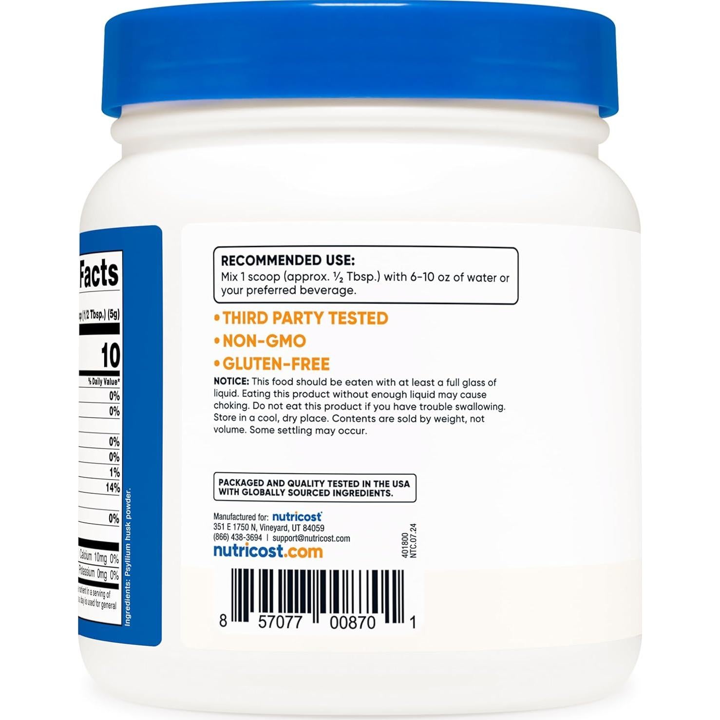 Polvo de Cáscara de Psyllium Entera Nutricost 230g - Sin Gluten