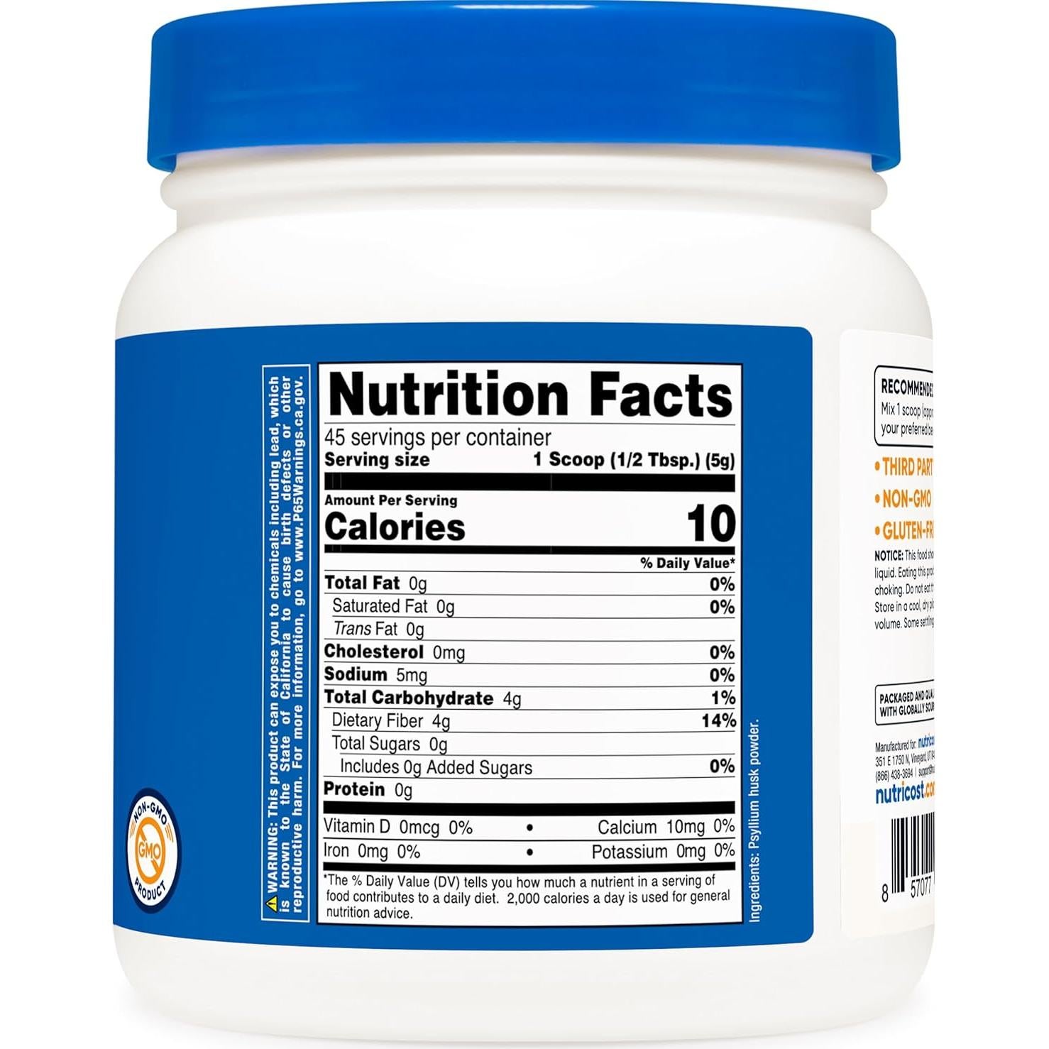 Polvo de Cáscara de Psyllium Entera Nutricost 230g - Sin Gluten