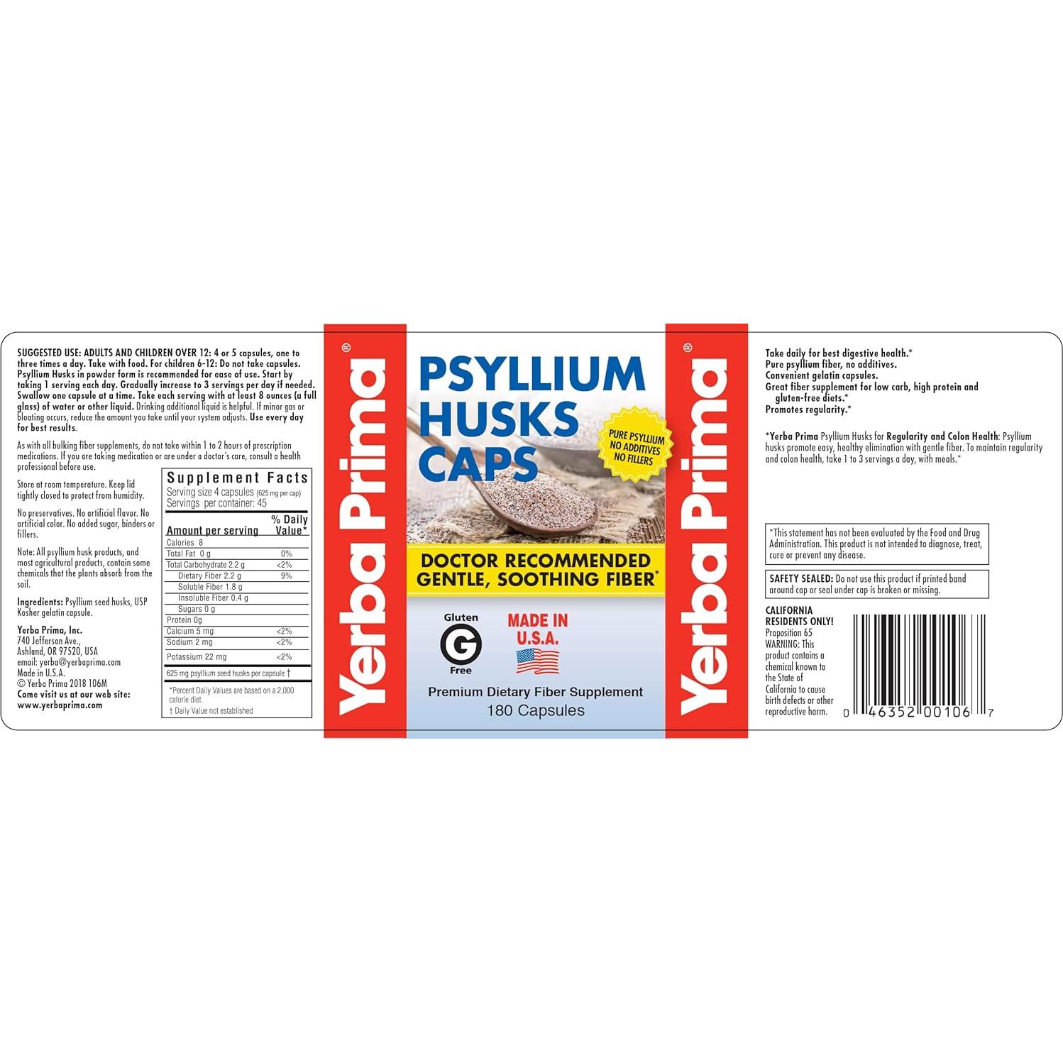 Yerba Prima Psyllium Husks 180 Cápsulas 625 mg - Fibra Digestiva