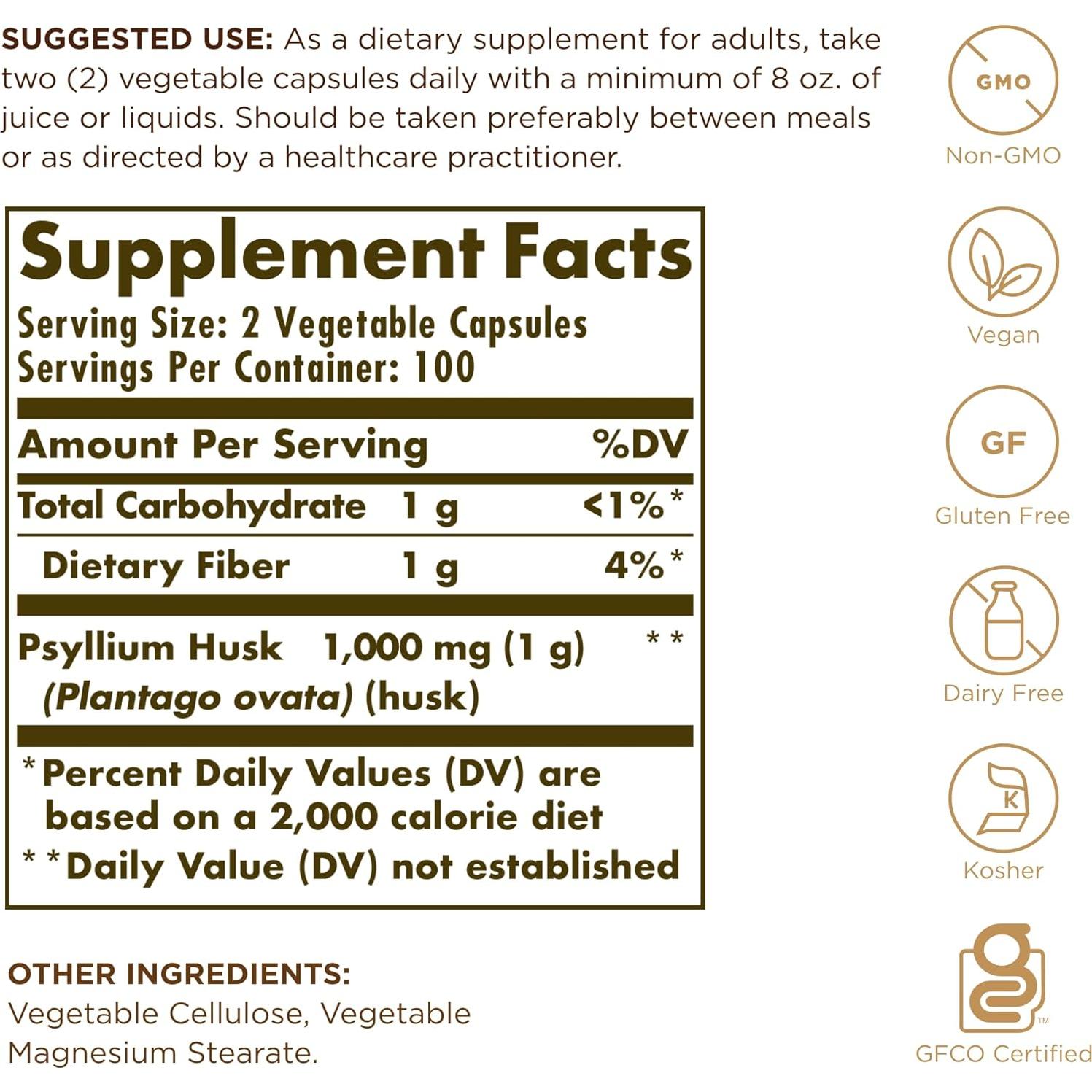 Solgar Psyllium Husks Fiber 500 mg - 200 Cápsulas Veganas