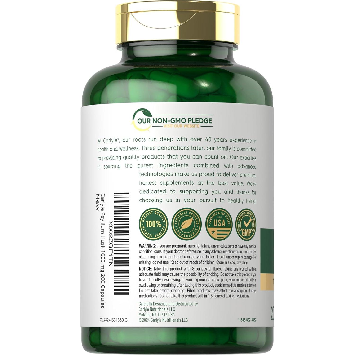 Cápsulas de Cáscara de Psyllium Carlyle 1600mg 200 Unidades
