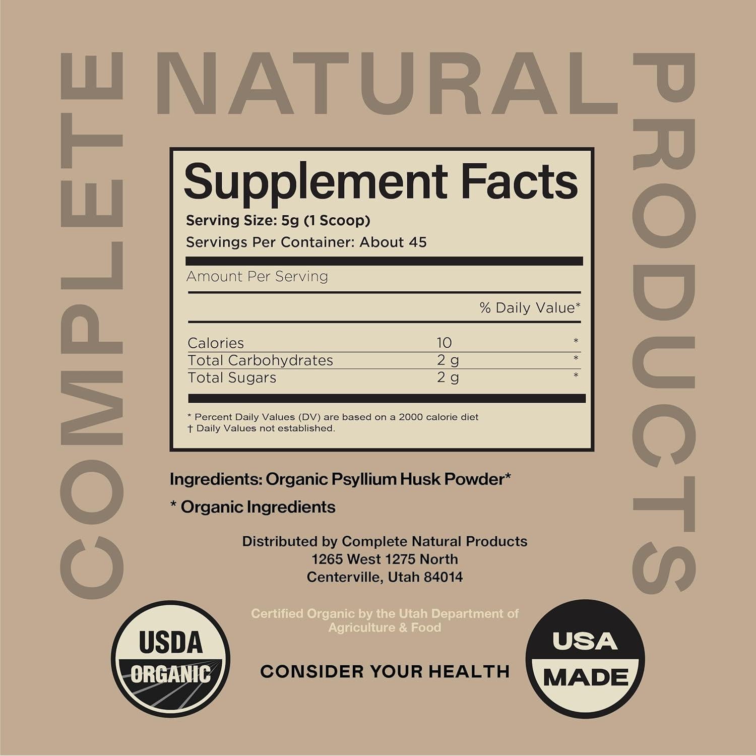 Polvo de cáscara de psyllium orgánico Complete Natural 280g