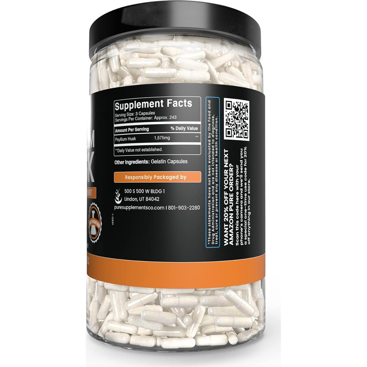 Cápsulas de Cáscara de Psyllium 730 Unidades - Puro y Sin Rellenos