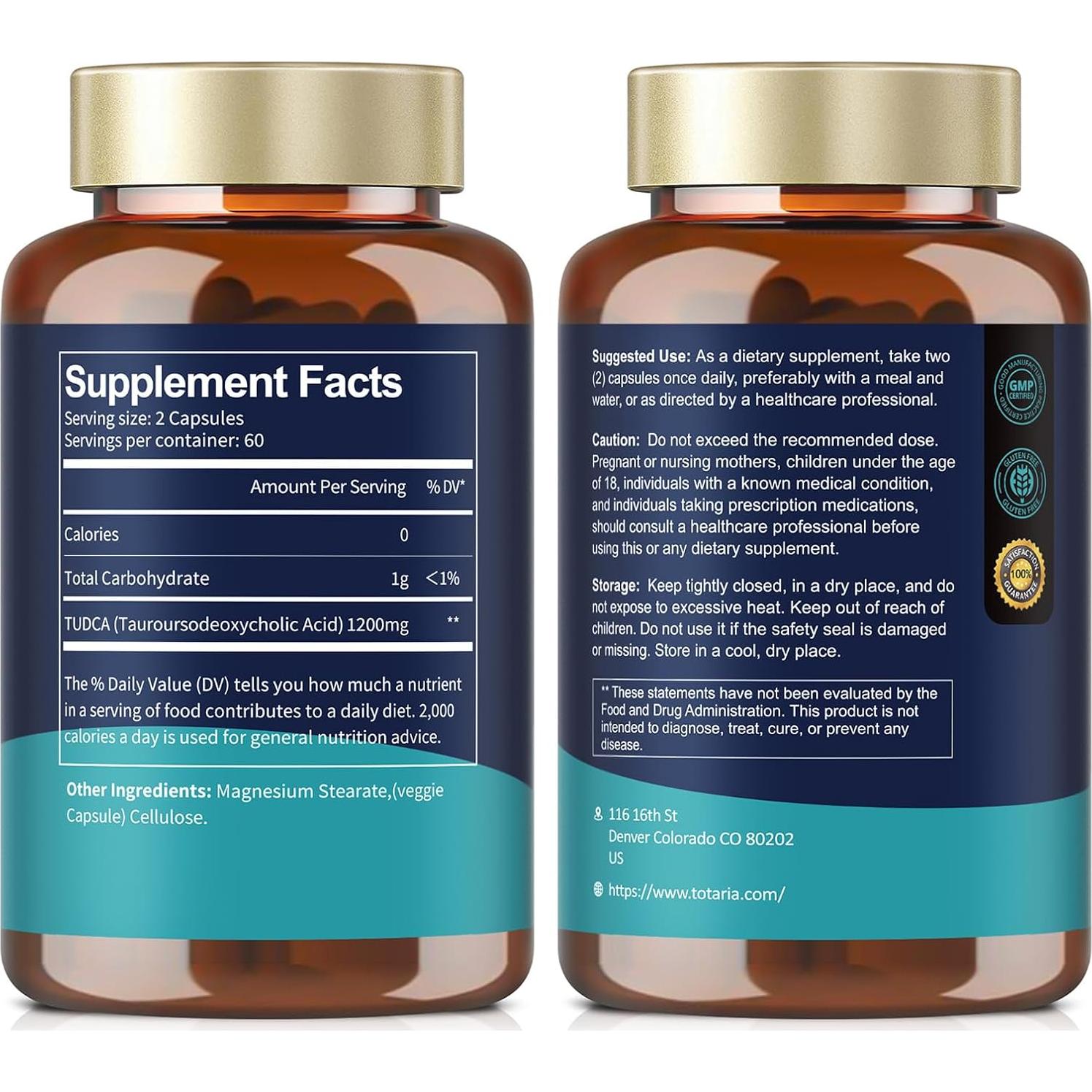 Suplemento Hepático TUDCA 1200mg Totaria 120 Cápsulas Vegano