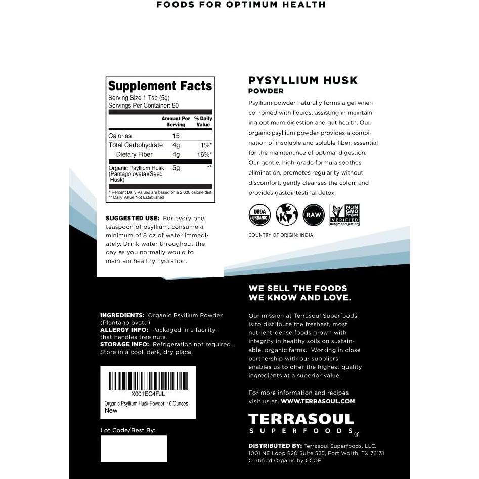 Polvo de Cáscara de Psyllium Orgánico Terrasoul 0.45 kg - Alta Pureza