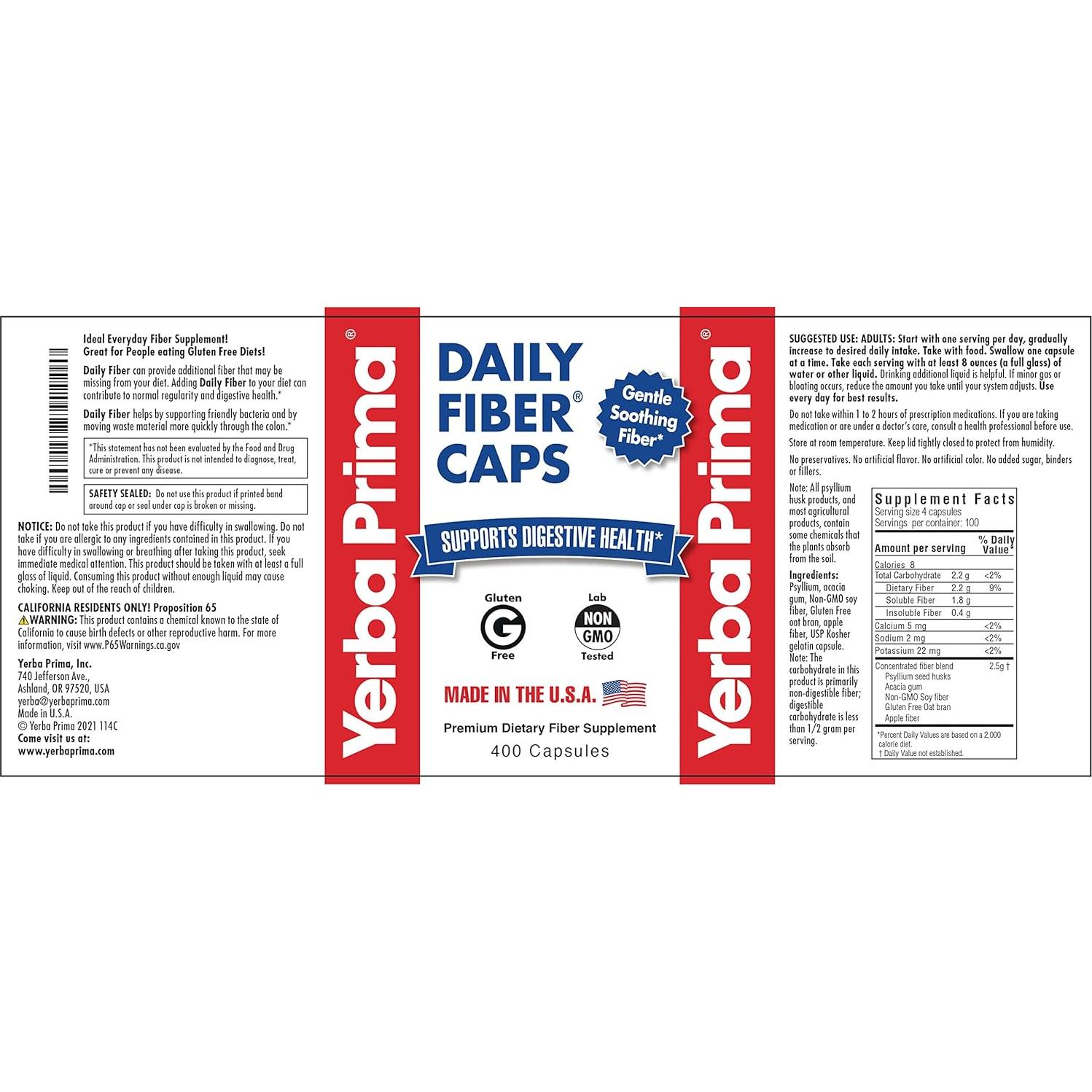 Cápsulas de Fibra Yerba Prima 400 Unidades - 5 Tipos de Fibra