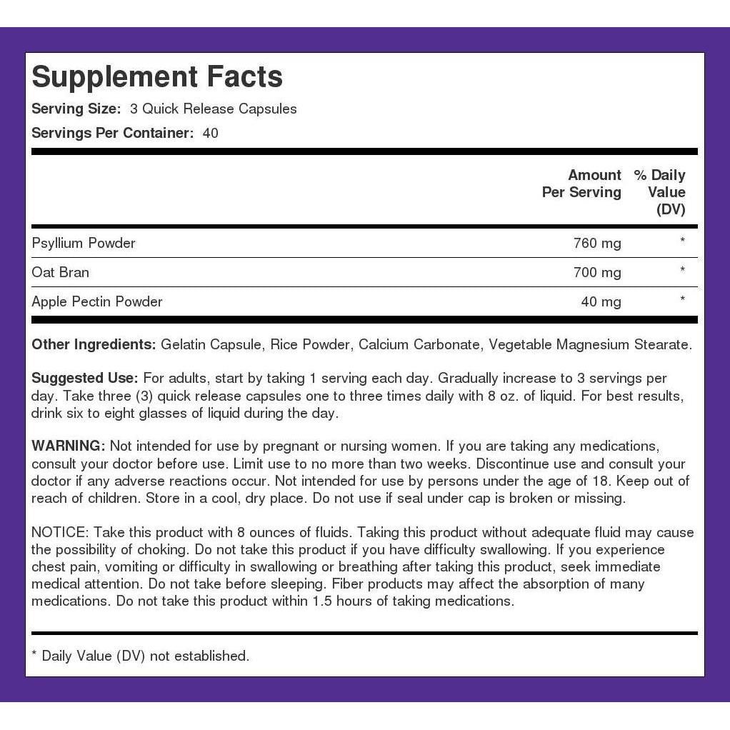 Suplemento de Fibra Piping Rock 1500mg 120 Cápsulas Sin OGM