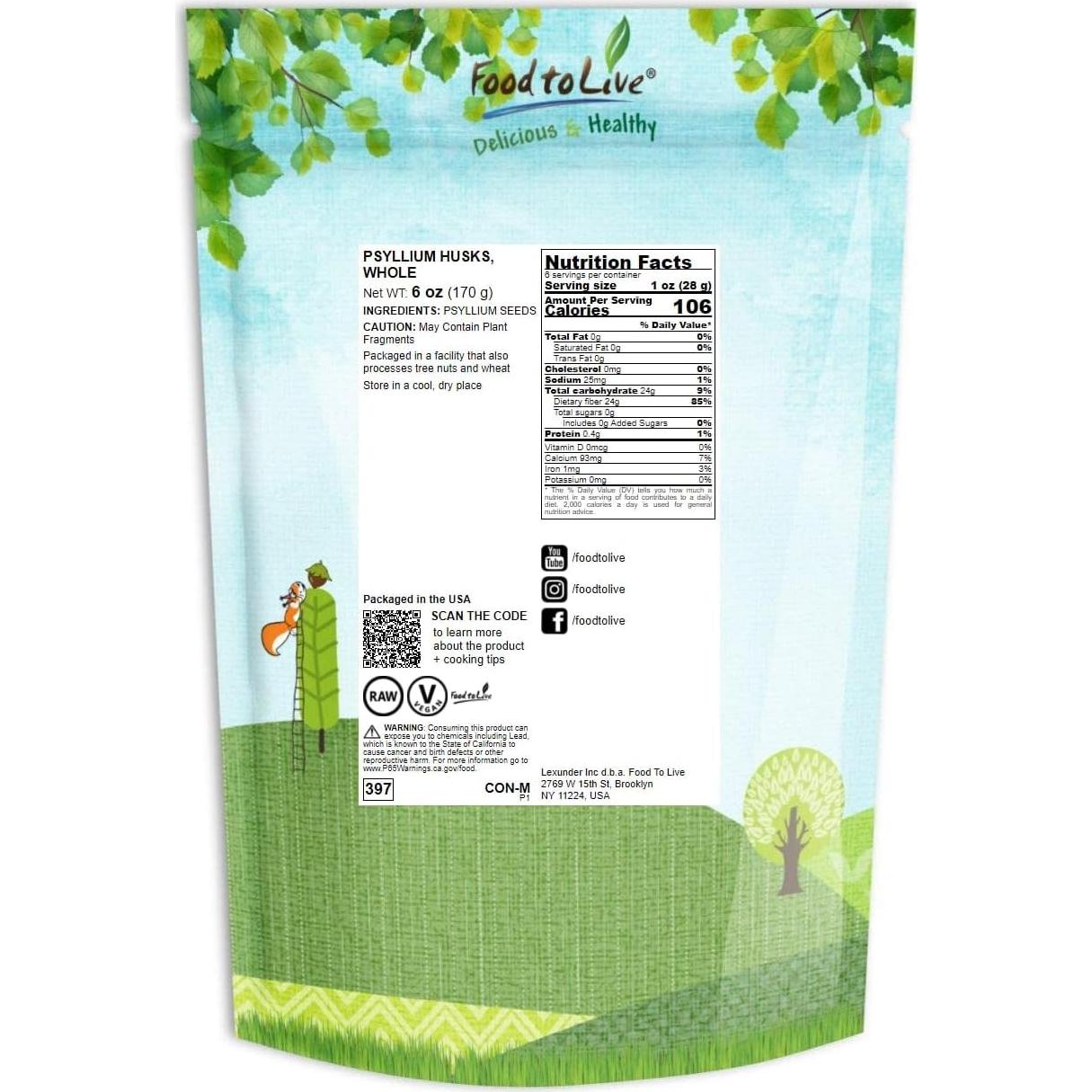 Cascos de Psyllium Enteros Food to Live 170g - Fibra Keto Vegano