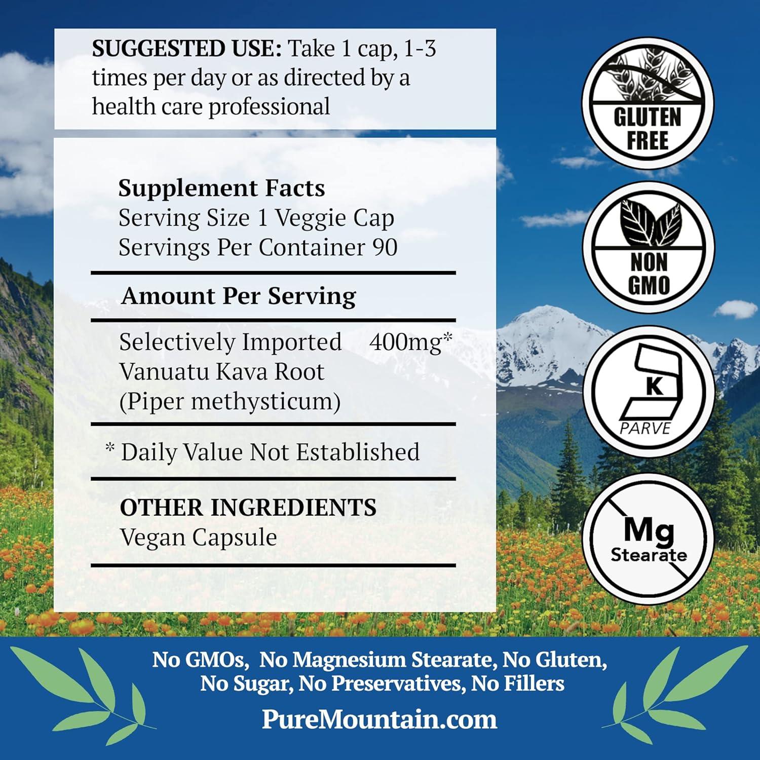 Cápsulas de Kava Kava Pure Mountain Botanicals - 90 cápsulas veganas kosher 400mg