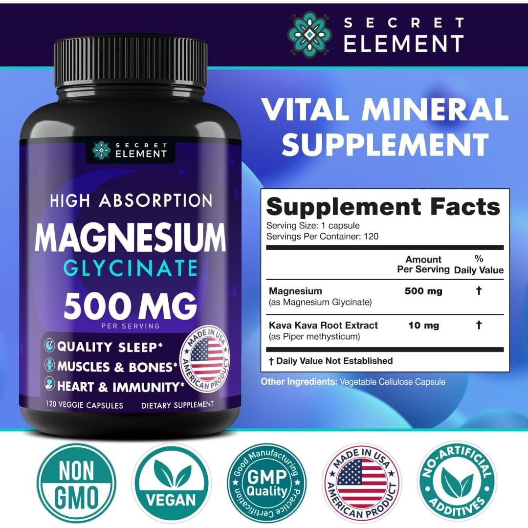Cápsulas de Glicinato de Magnesio 500mg Elemento Secreto 120 Unidades