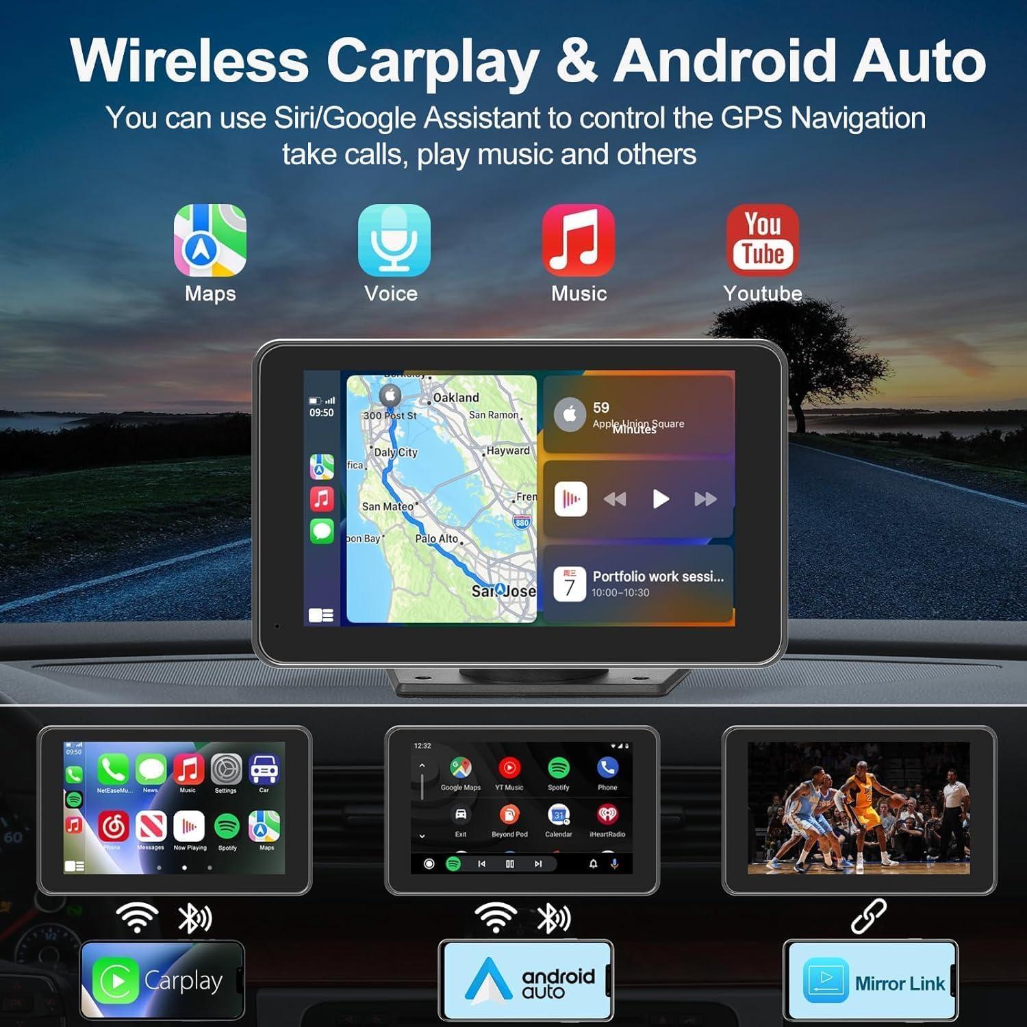 Pantalla Portátil FUNAURORE 7" Carplay/Android Auto Inalámbrica