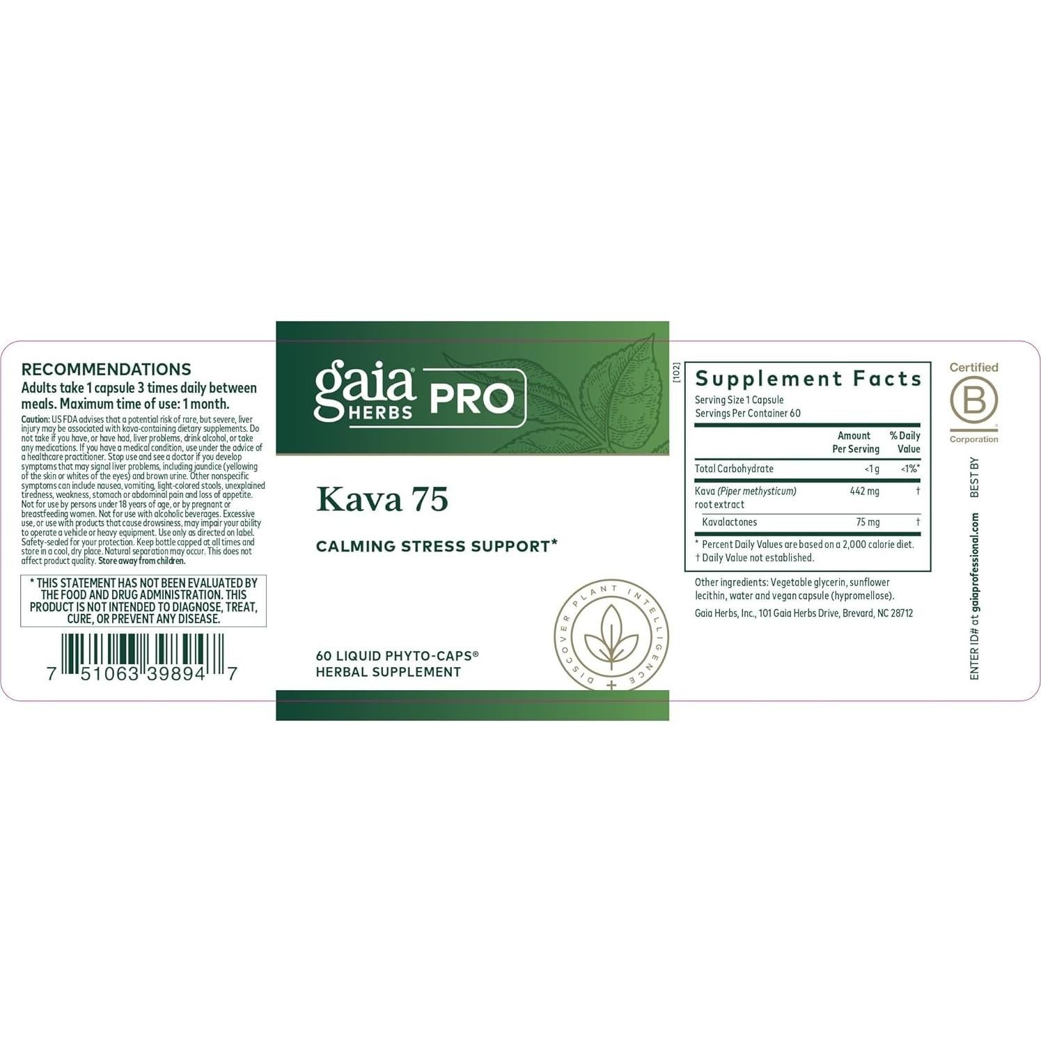 Suplemento Herbal Gaia Herbs PRO Kava 75 - 60 Cápsulas