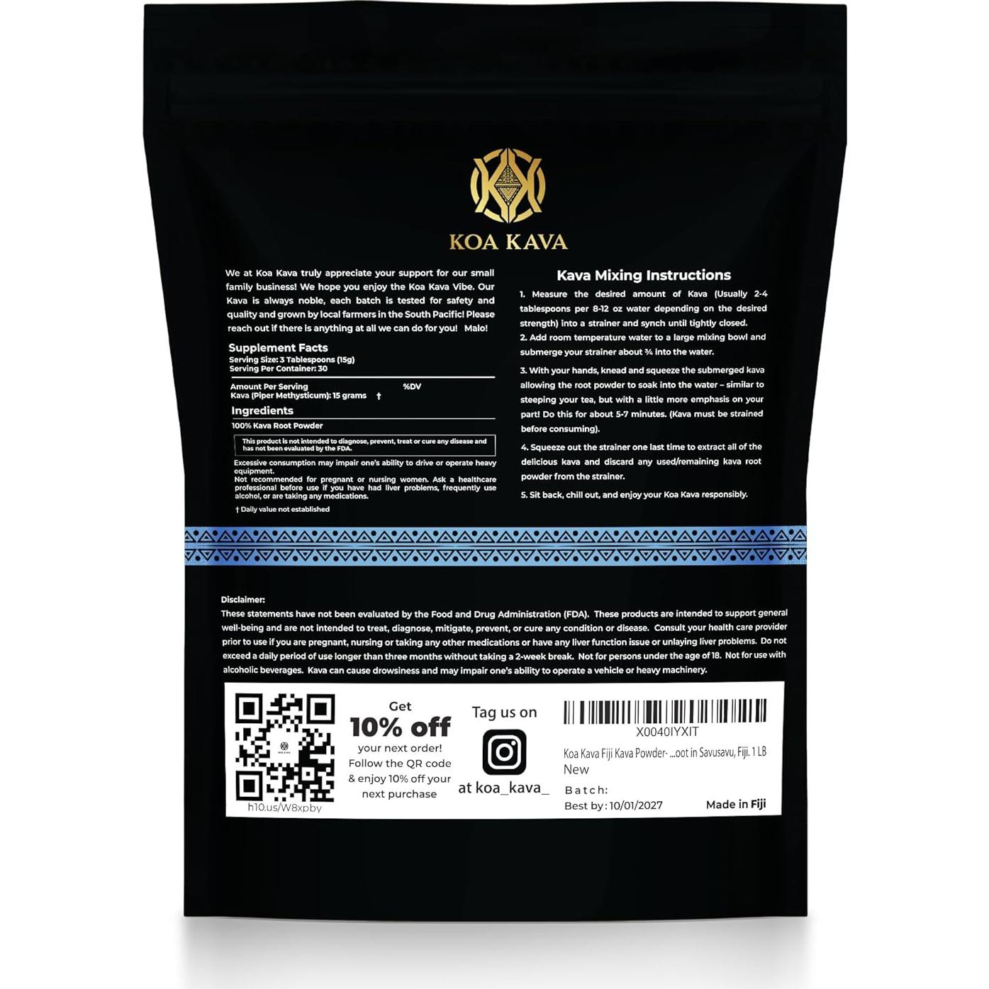 Polvo de Kava Koa Kava de Fiji - 450g de Raíz Noble Waka