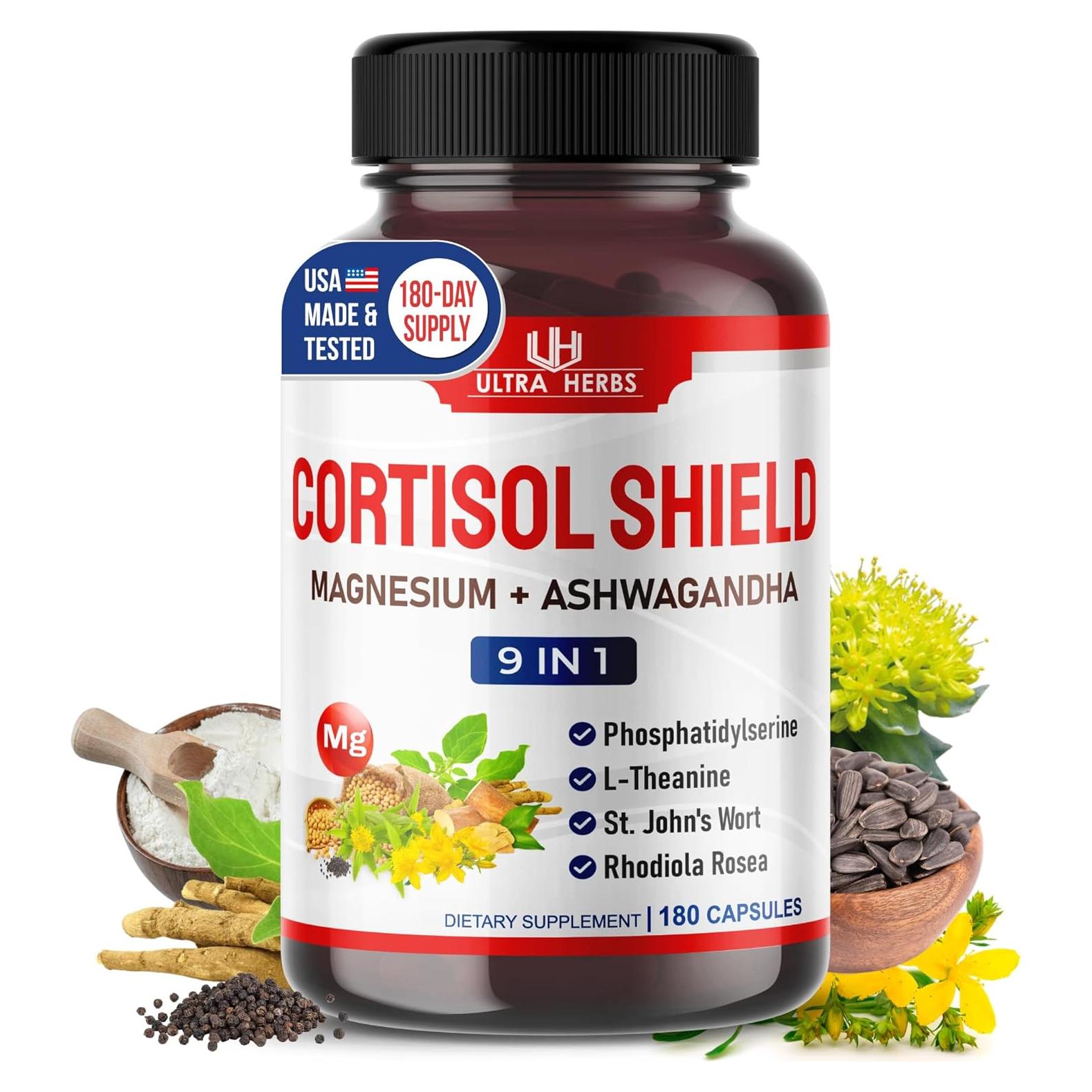 CORTISOL Shield 9-en-1 Ultra Herbs - Magnesio, Ashwagandha, 180 Cápsulas