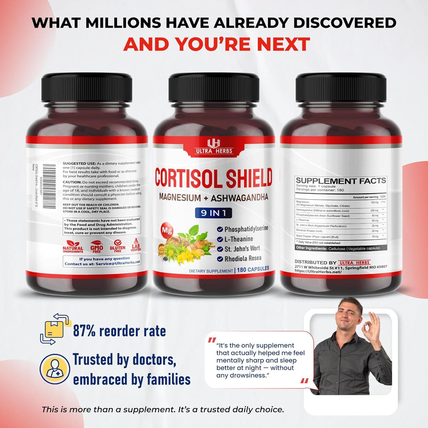 CORTISOL Shield 9-en-1 Ultra Herbs - Magnesio, Ashwagandha, 180 Cápsulas