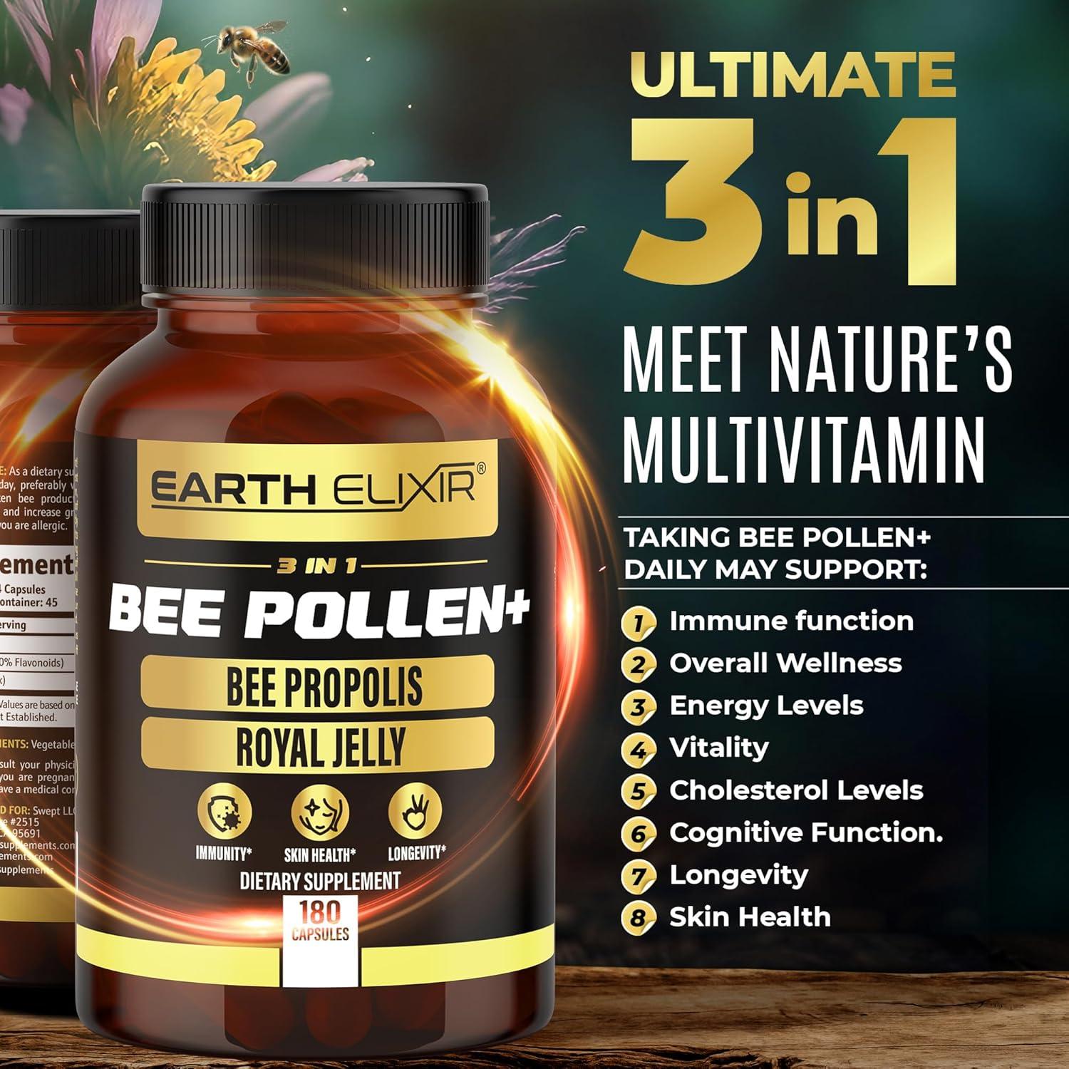 Cápsulas de Polen de Abeja Orgánico 3-en-1 Earth Elixir - 180 Unidades