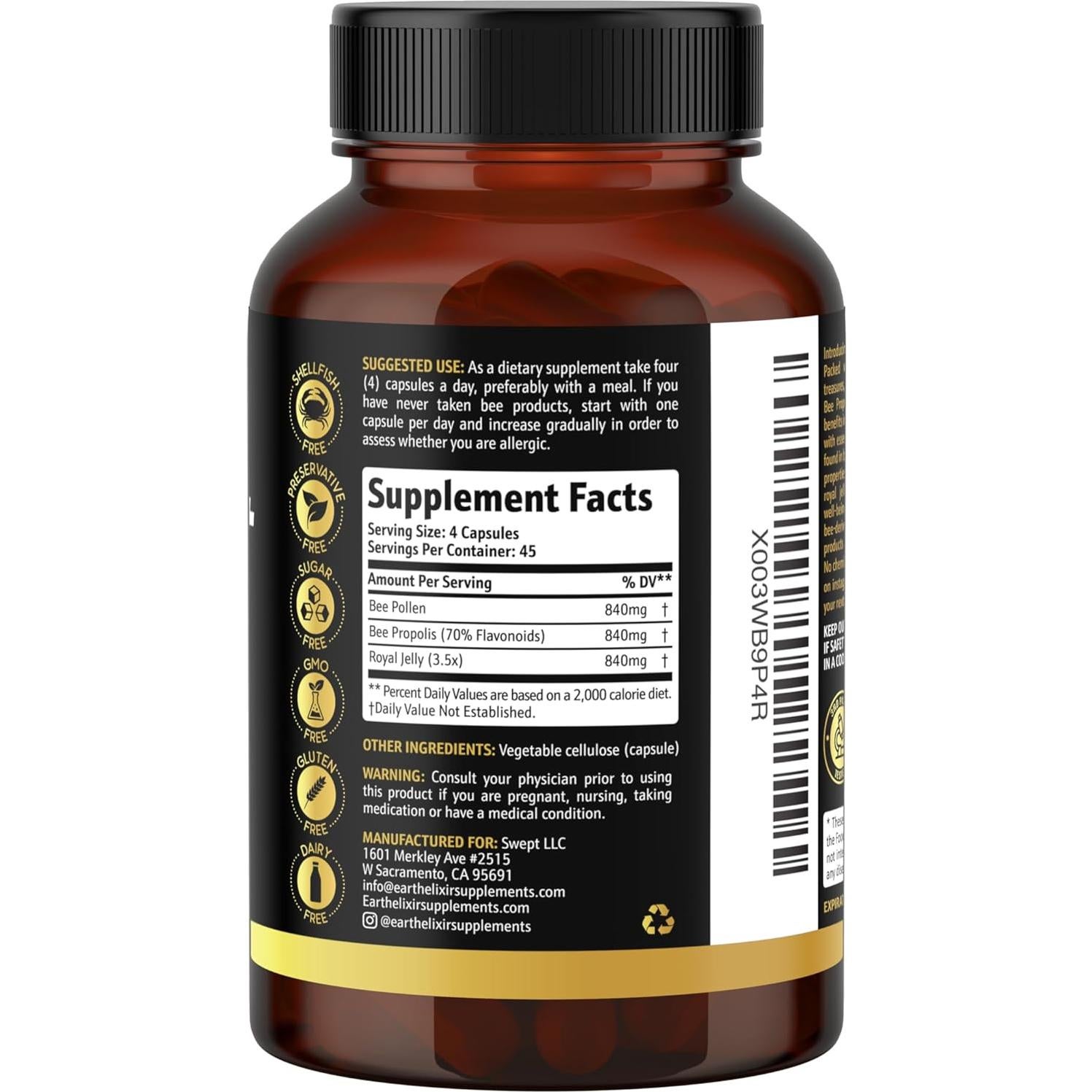 Cápsulas de Polen de Abeja Orgánico 3-en-1 Earth Elixir - 180 Unidades