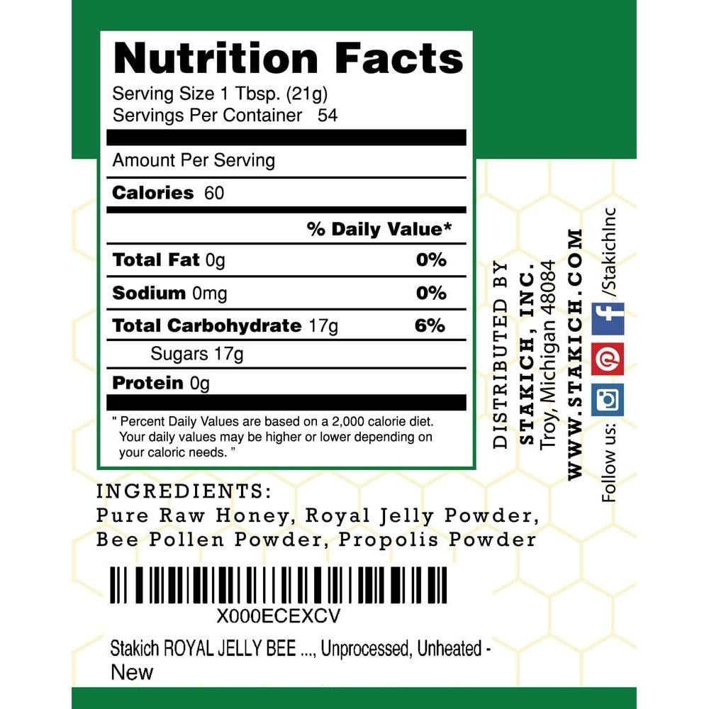 Miel Cruda Stakich 1134g con Jalea Real, Polen y Propóleos