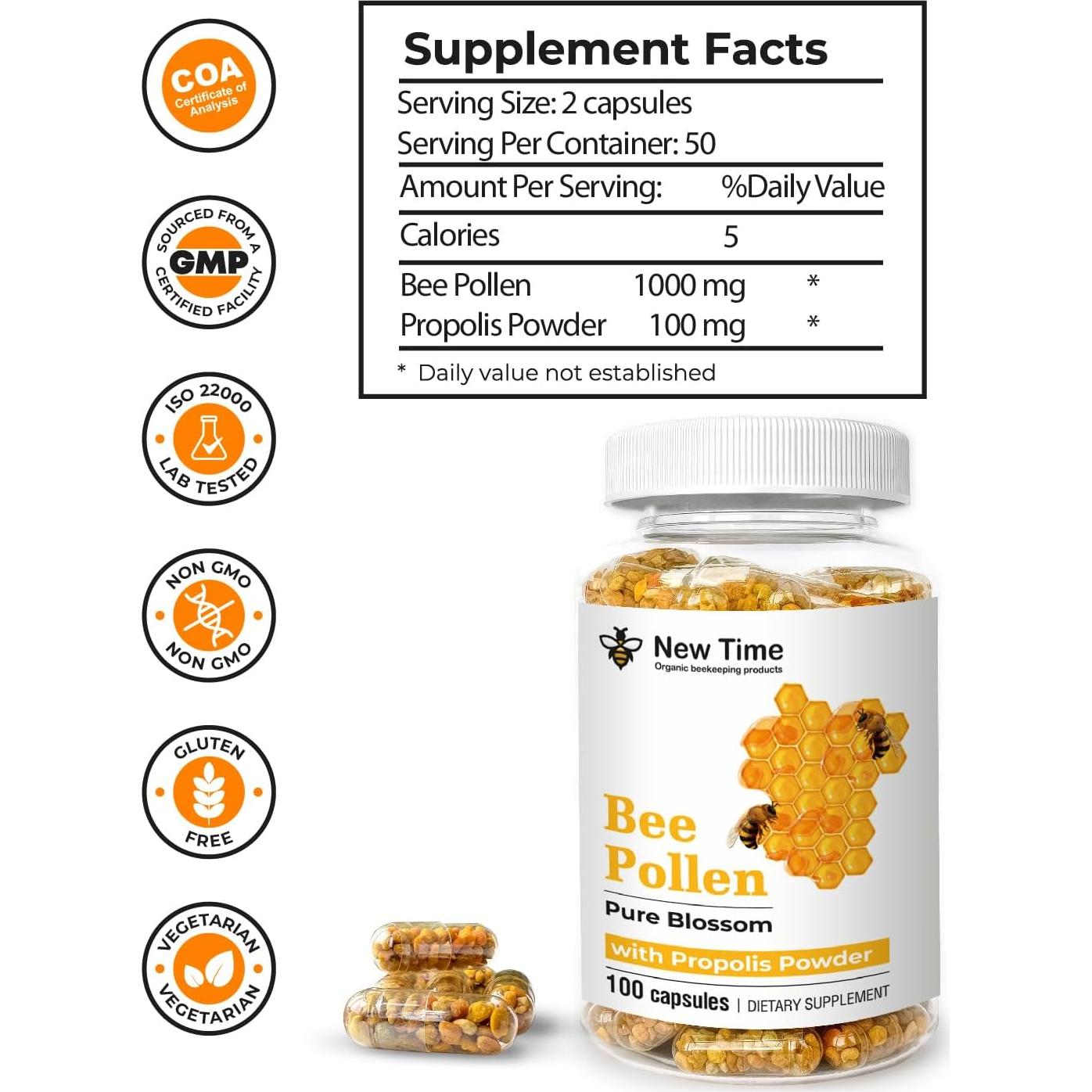 Polen de Abeja Orgánico New Time - 100 Cápsulas Vegetarianas