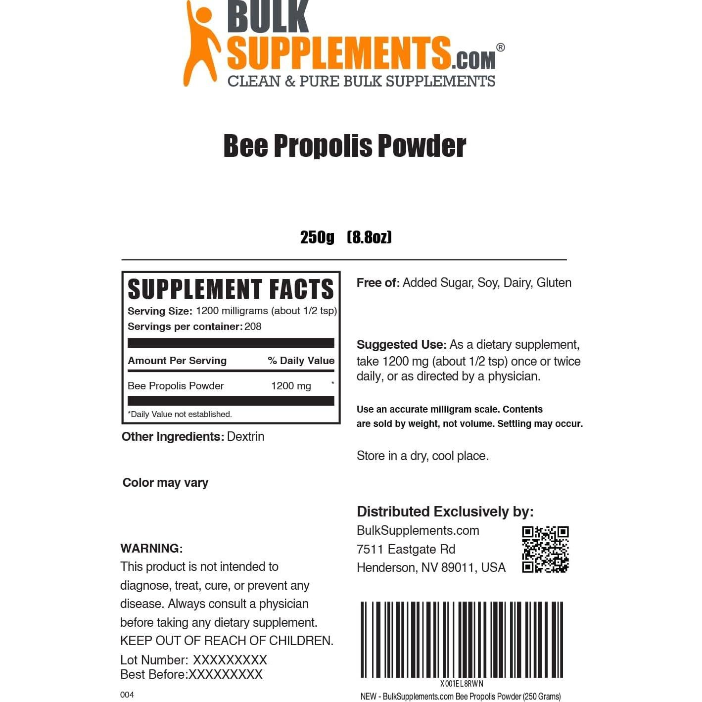 Polvo de Propóleos de Abeja BulkSupplements 250g - Suplemento Natural