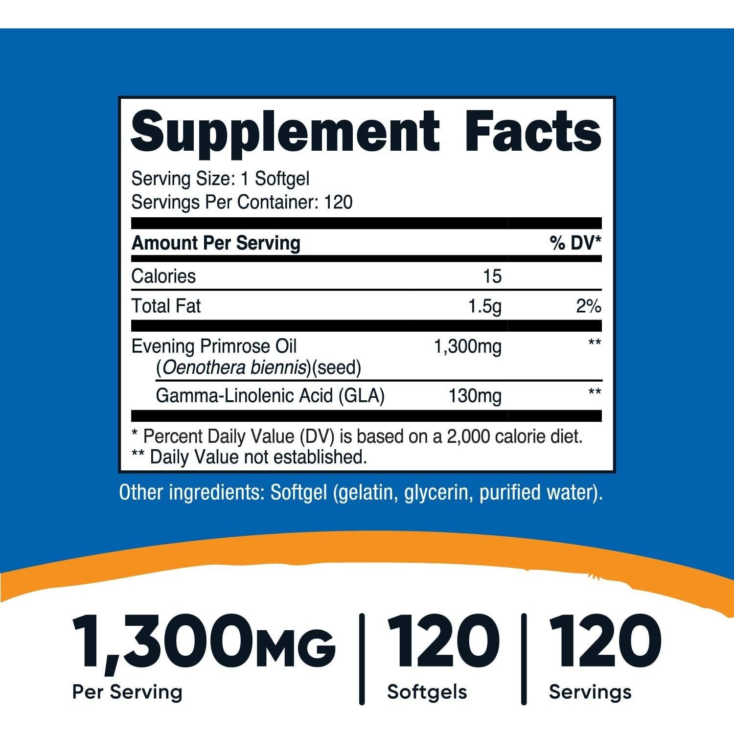 Aceite de Onagra Nutricost 1300mg 120 Gelatinas Blandas