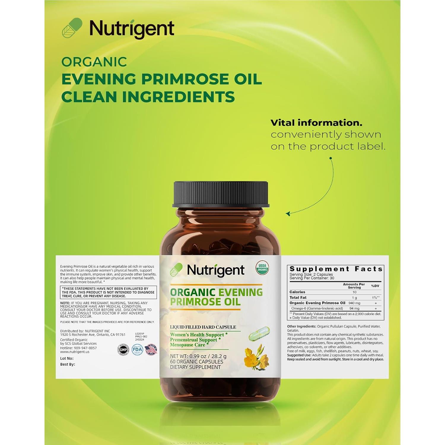 Suplemento Aceite de Onagra Orgánico Nutrigent 940 mg 60 Cápsulas