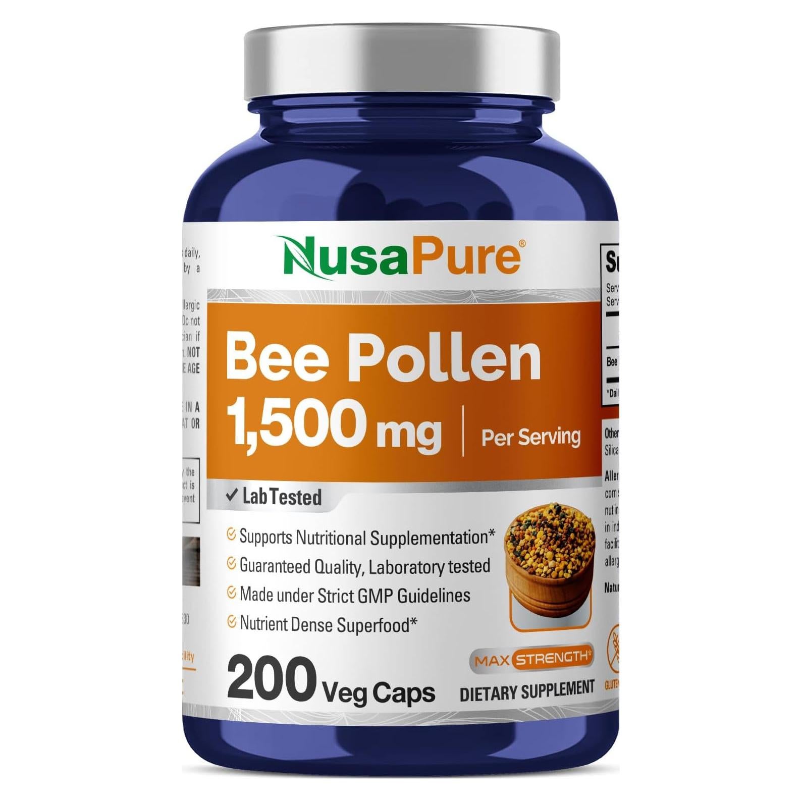 Suplemento de Polen de Abeja NusaPure 1500mg 200 Cápsulas
