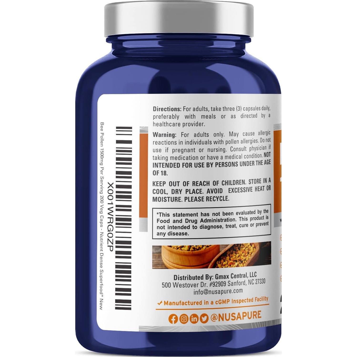 Suplemento de Polen de Abeja NusaPure 1500mg 200 Cápsulas